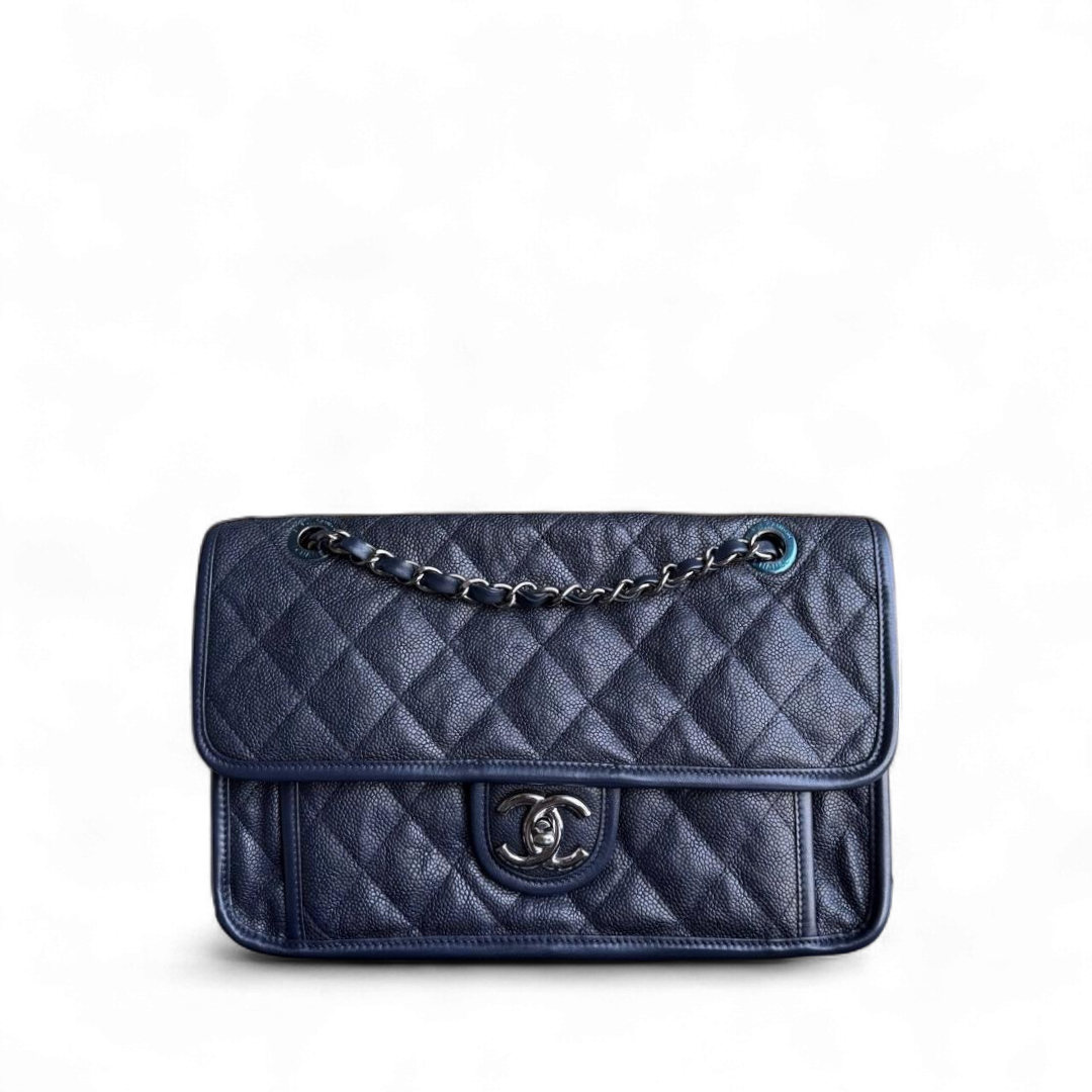 Chanel French Riviera - Caviar Quilted Grained Calfskin Dark Navy Blue Silver Hardware Series 19