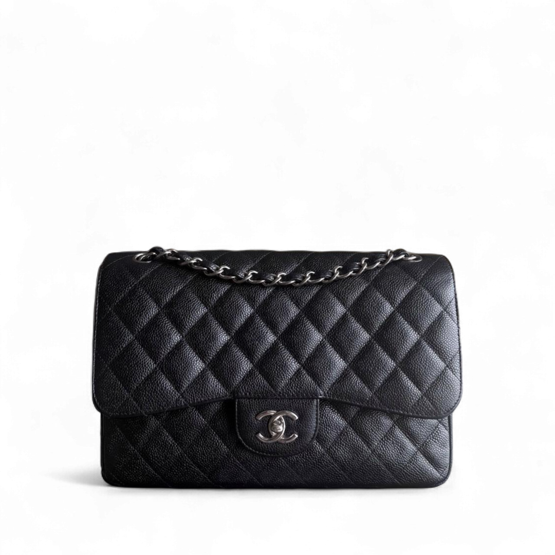 Chanel Classic Flap Jumbo - Caviar 30CM Double Flap Quilted Grained Calfskin Black Silver Hardware Series 19