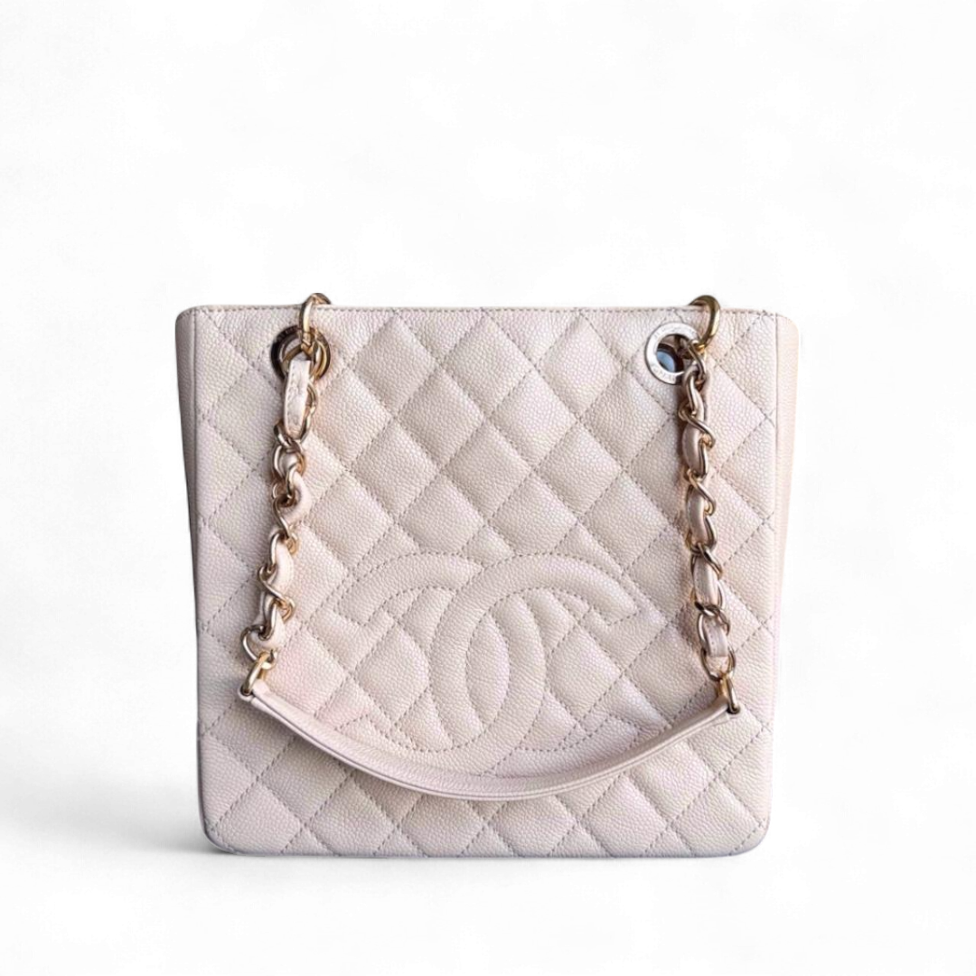 Chanel PST Petite Shopping Tote - Caviar Quilted Grained Calfskin Light Beige Gold Hardware Series 15