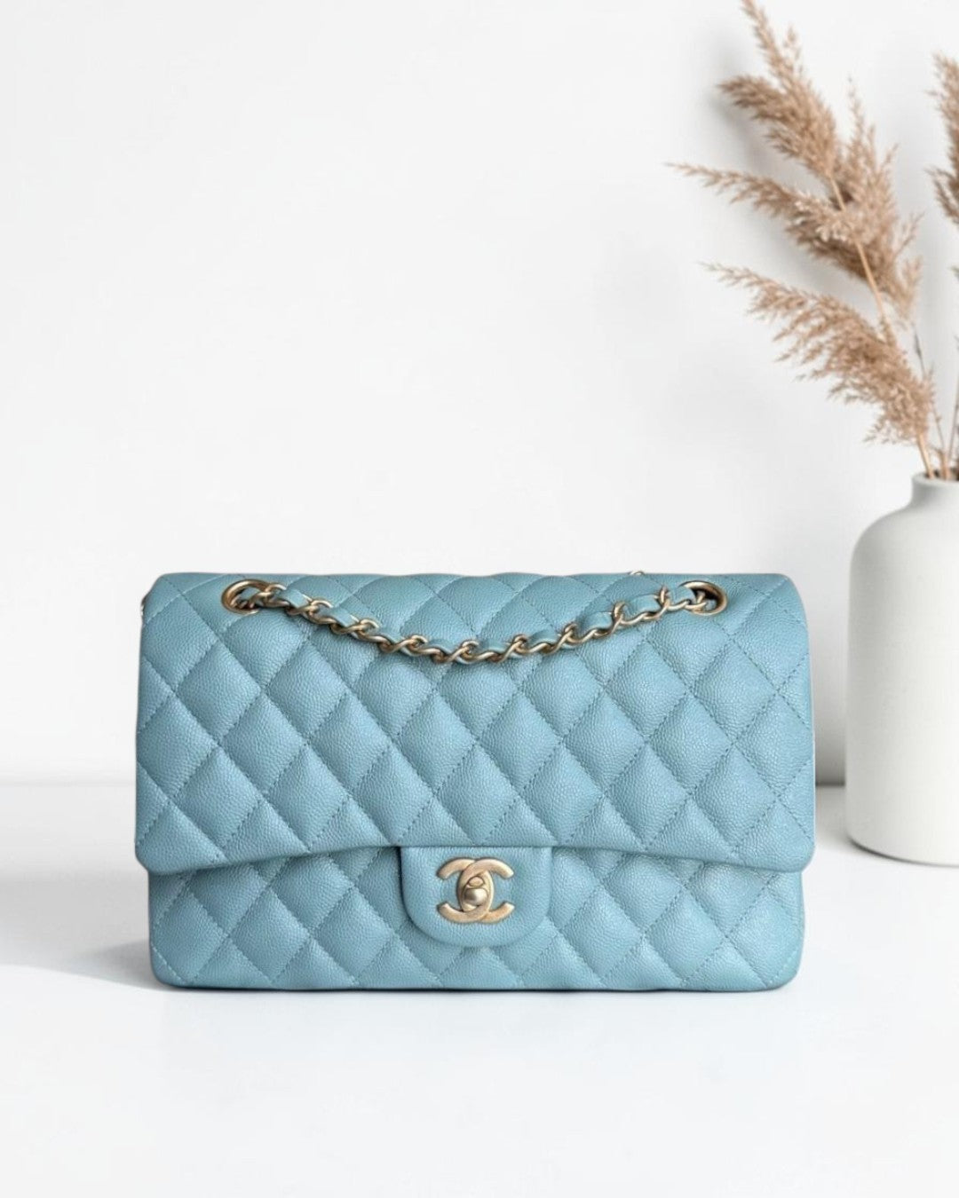 Chanel Classic Flap Medium - Caviar 25CM Quilted Grained Calfskin Light Blue Gold Hardware Series 25