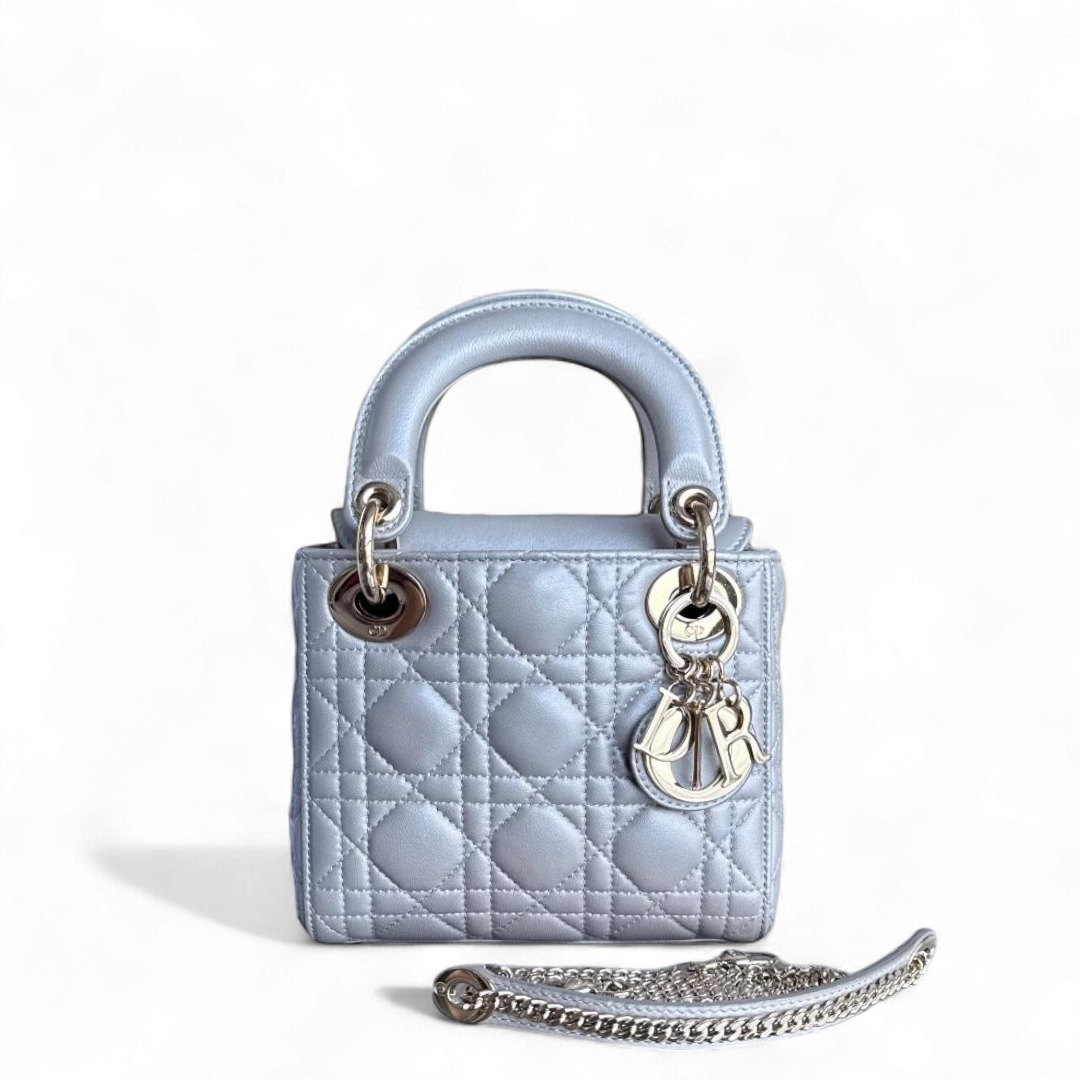 Dior Lady Mini - Cannage Lambskin Silver Gold Hardware Chain Strap