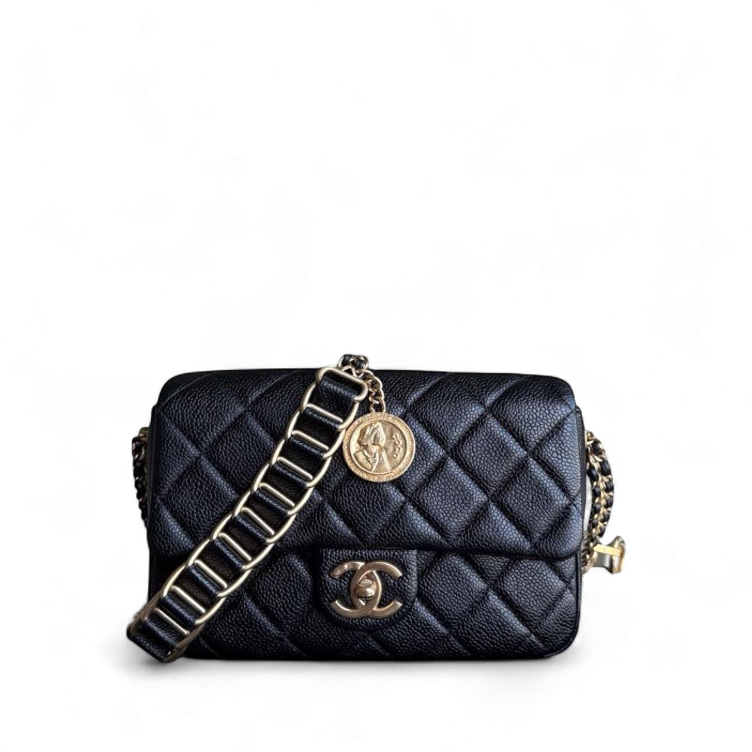 Chanel Seasonal Flap Bag - Caviar Quilted Medallion Soul Black Caviar Gold Hardware Microchip
