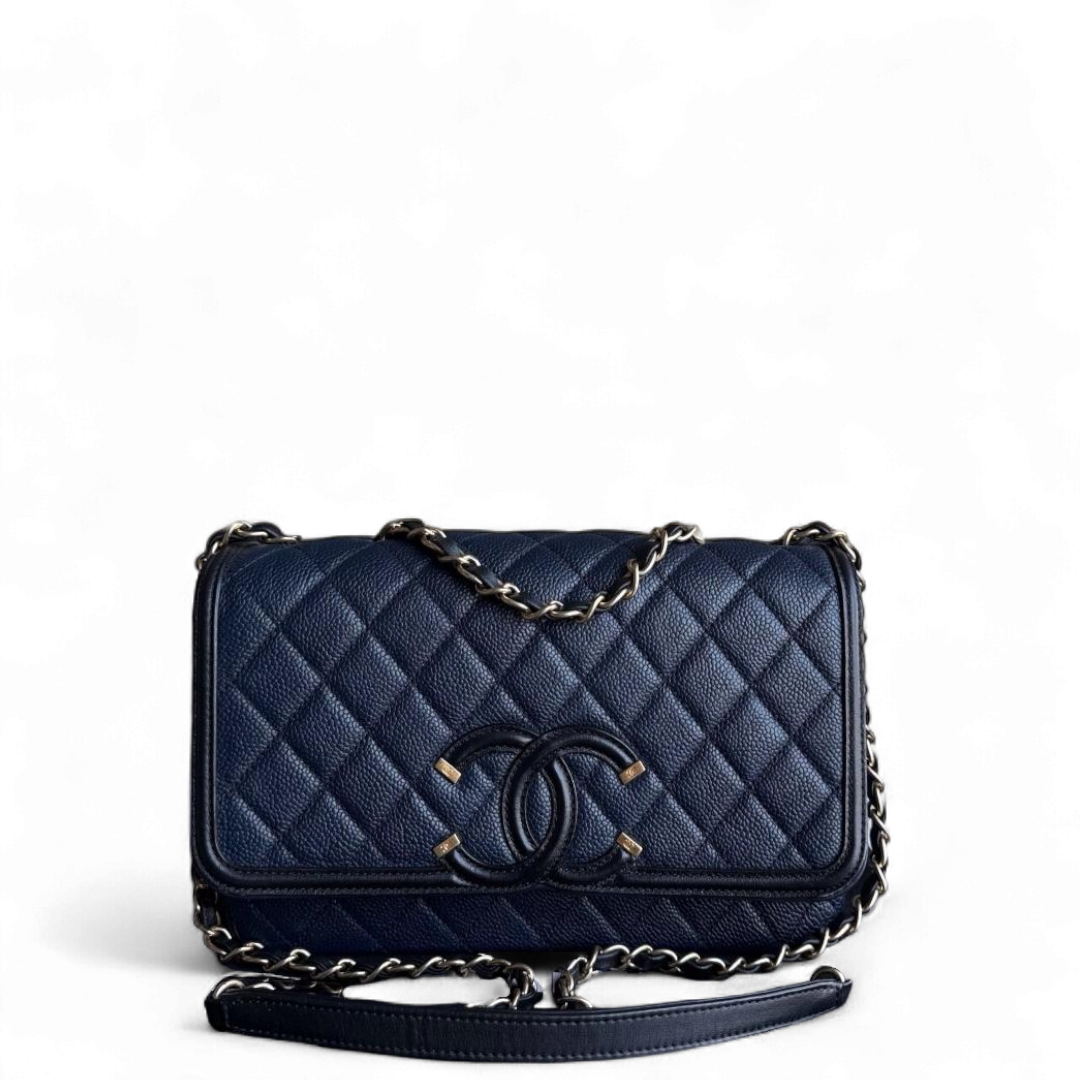 Chanel Filigree CC Medium - Caviar Quilted Grained Calfskin Dark Navy Blue Black Gold Hardware Series 22