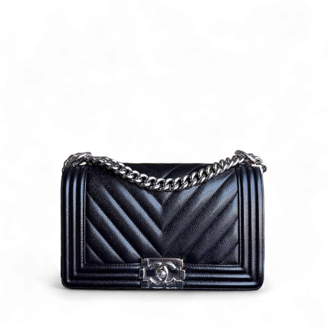 Chanel Boy Medium - Caviar Chevron Grained Calfskin Black Silver Hardware Series 29