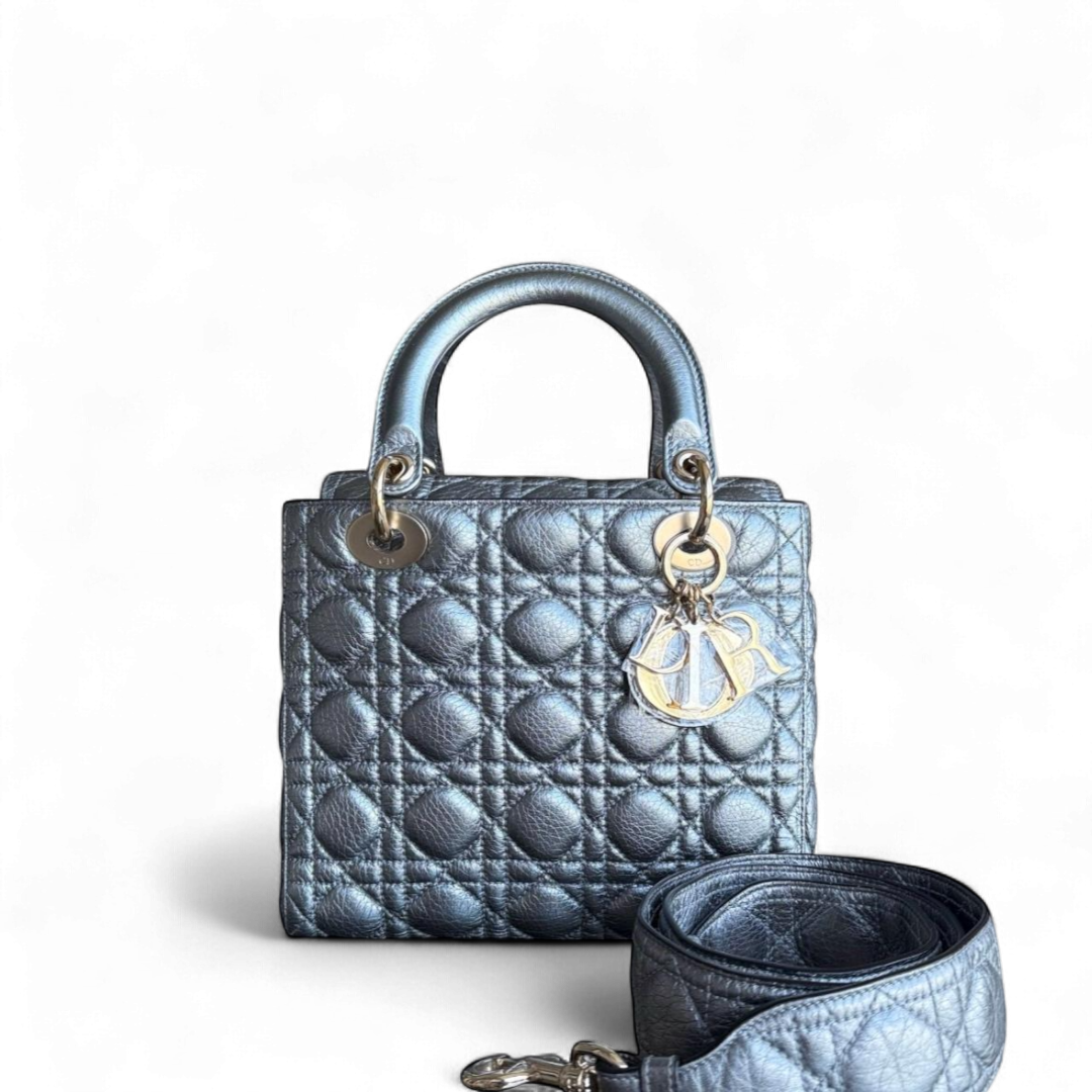 Dior Lady Medium Flap - Grained Calfskin Metallic Silver Gold Hardware Limited Edition