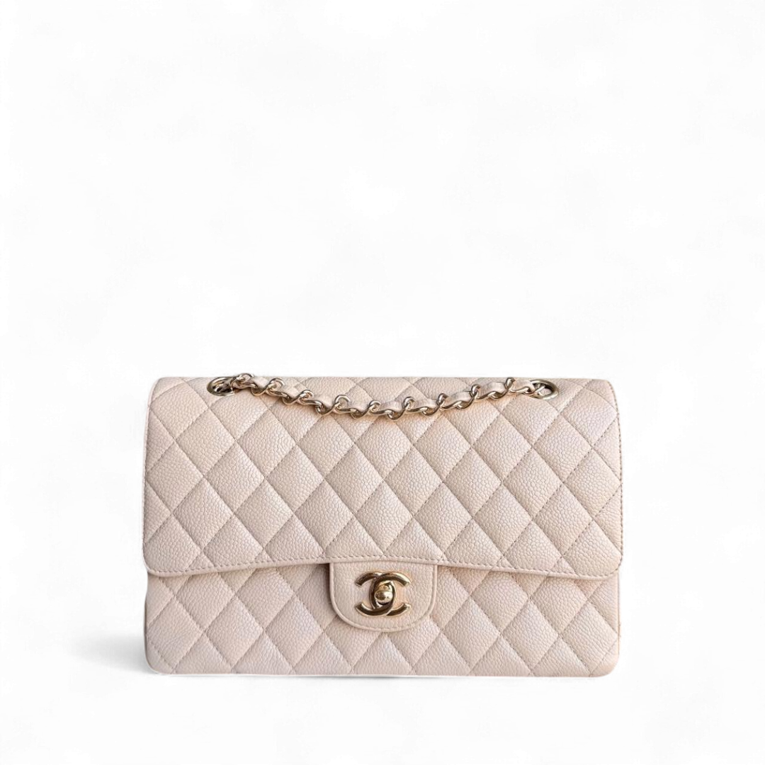 Chanel Classic Flap Medium - Caviar 25CM Quilted Grained Calfskin Beige Gold Hardware Series 13