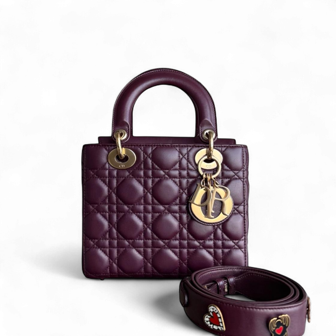 Dior Lady Small Flap - Cannage Lambskin Burgundy Dark Red Gold Hardware