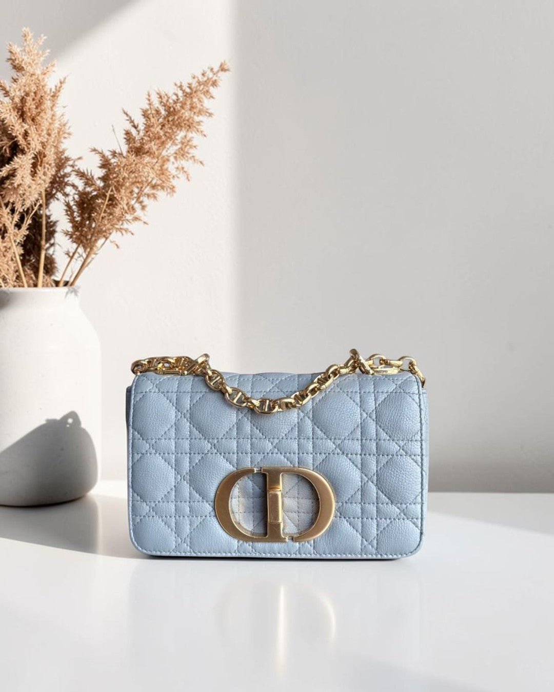 Dior Caro Small - Cannage Grained Calfskin Gray Grey Gold Hardware