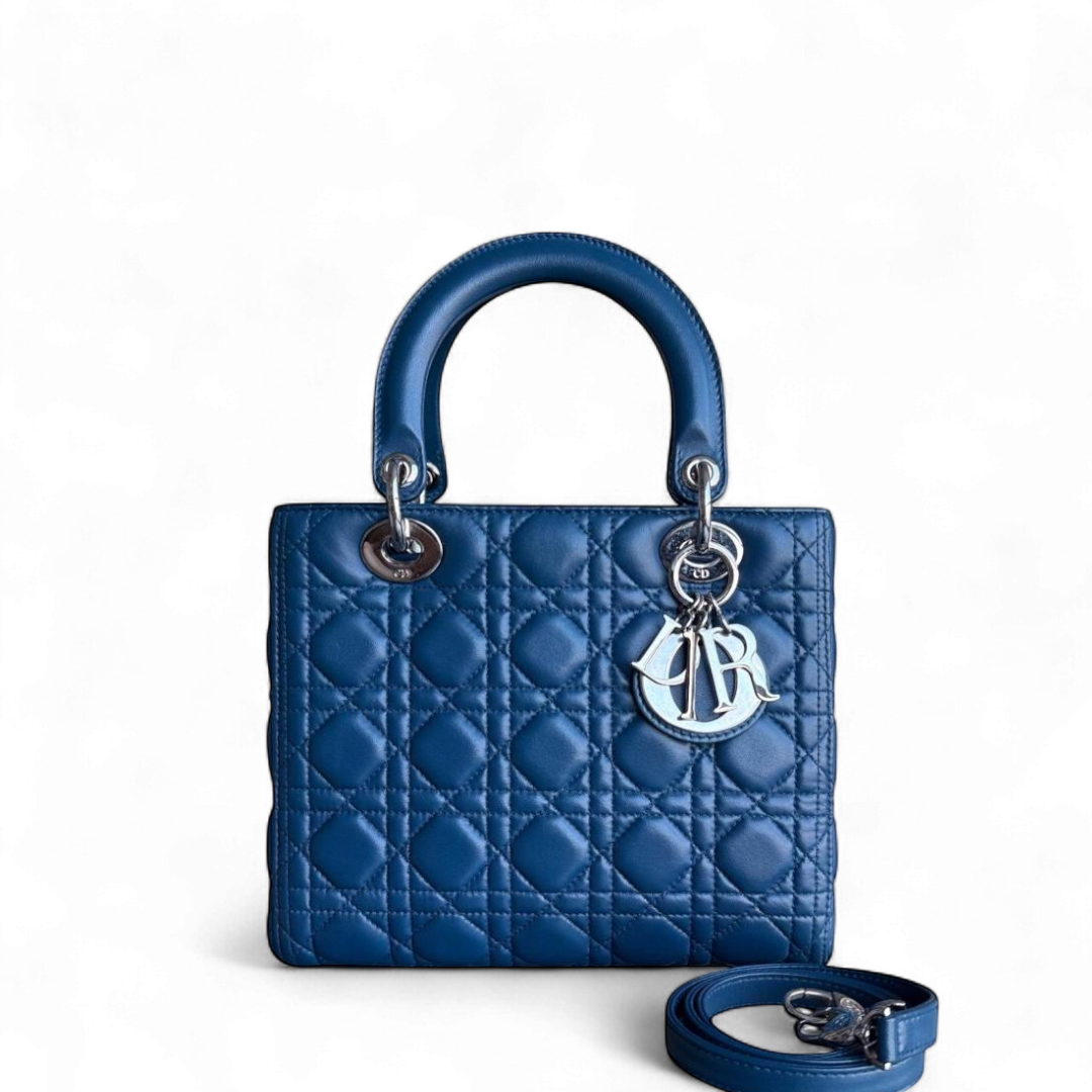 Dior Lady Medium Cannage Lambskin Blue Silver Hardware