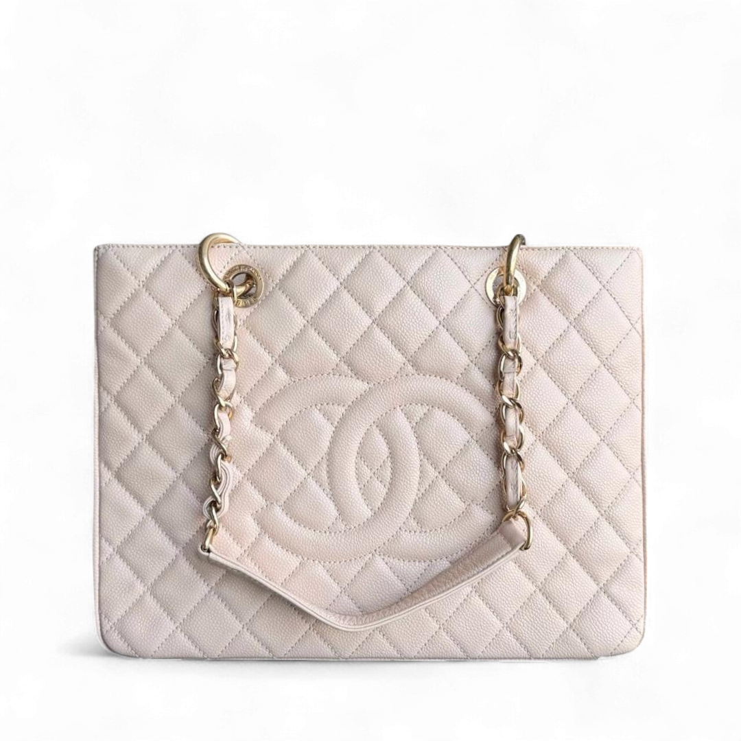 Chanel GST Grand Shopping Tote - Caviar Quilted Grained Calfskin Light Beige Gold Hardware Series 17