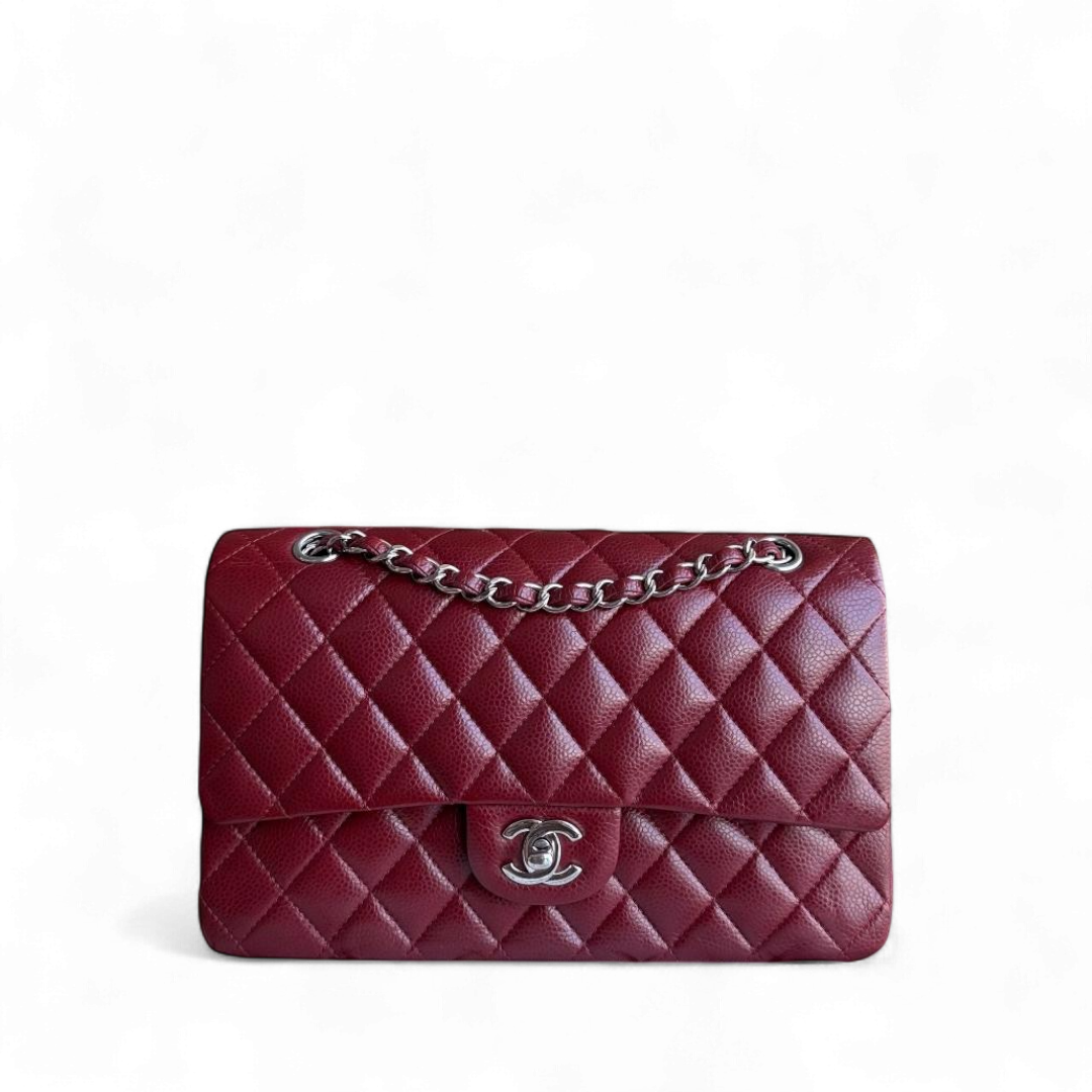 Chanel Classic Flap Medium - Caviar 25CM Quilted Grained Calfskin Burgundy Dark Red Silver Hardware Series 15