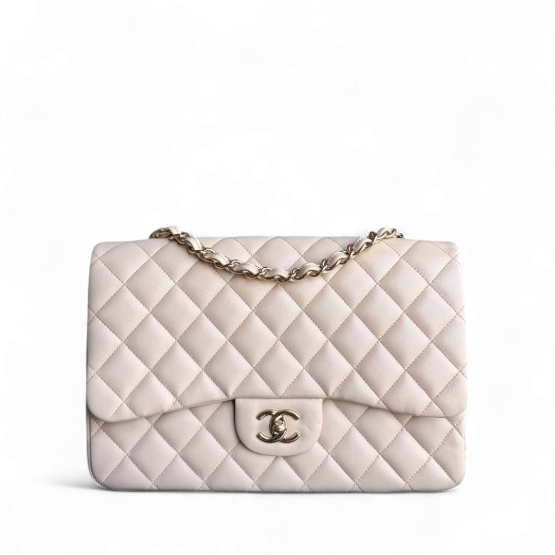 Chanel Classic Flap Jumbo - 30CM Quilted Lambskin Single Flap Light Beige Gold Hardware Series 14