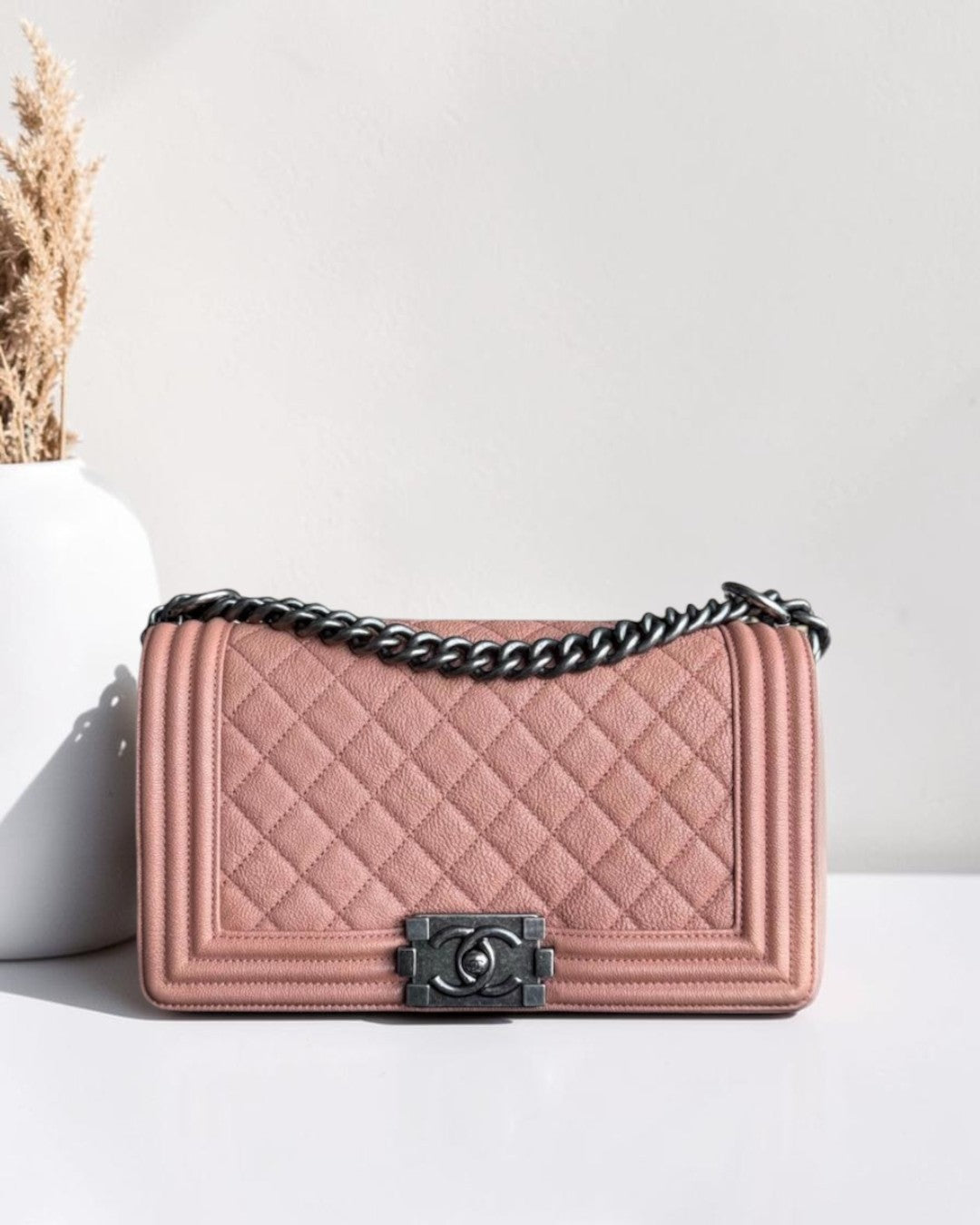 Chanel Boy Medium - Caviar 25CM Quilted Nude Blush Caramel Ruthenium Silver Hardware Series 26