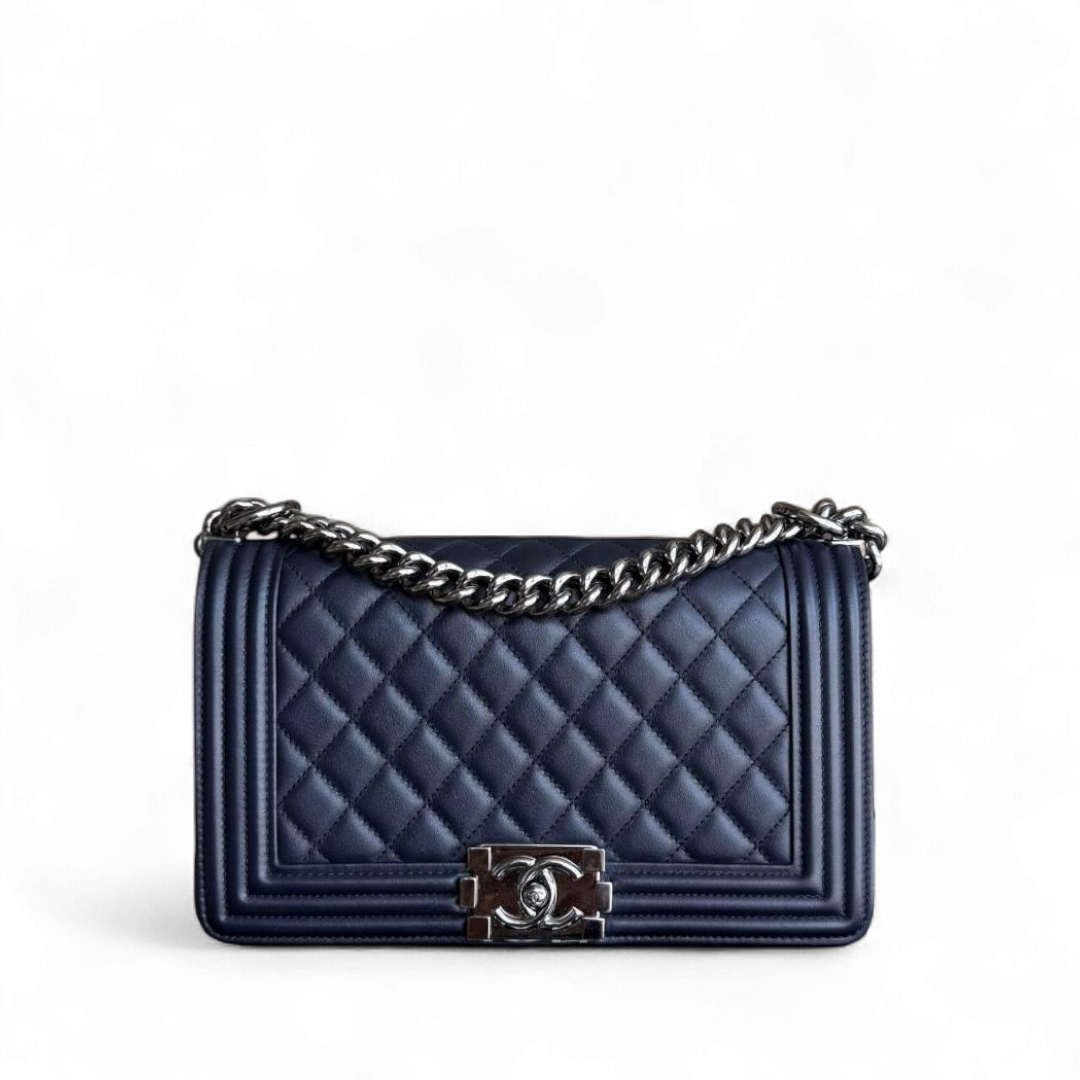 Chanel Boy Medium - 25CM Quilted Lambskin Dark Midnight Blue Silver Hardware Series  20