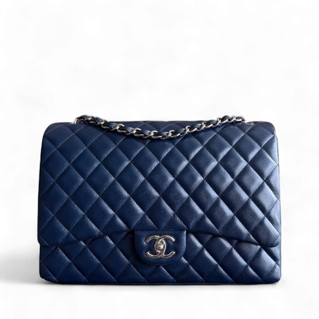 Chanel Classic Flap Maxi - Caviar Double Flap Quilted Grained Calfskin Dark Navy Blue Silver Hardware Series 15