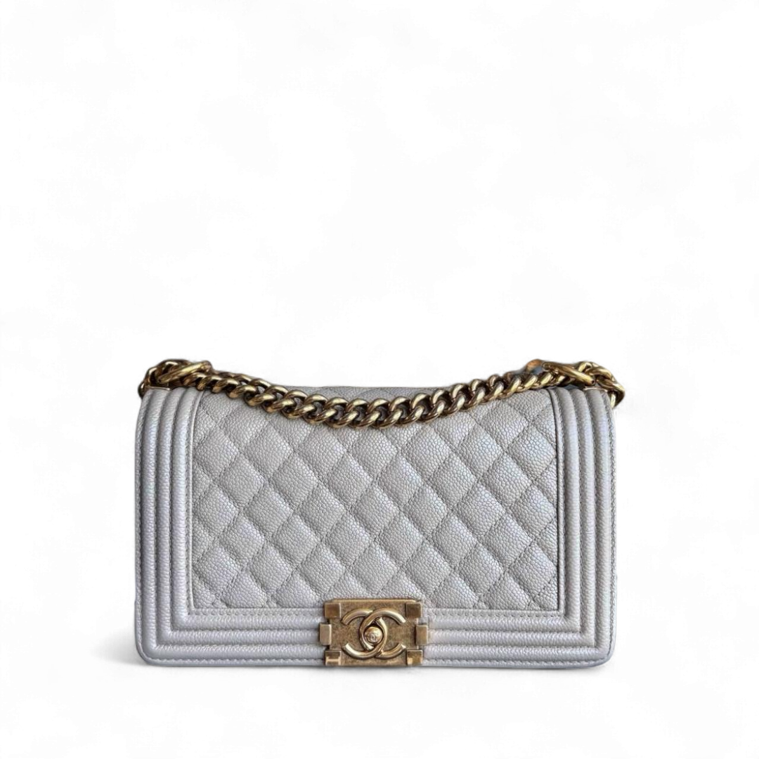 Chanel Boy Medium - Caviar 25CM Quilted Grained Calfskin Grey Gray Gold Hardware Series  20