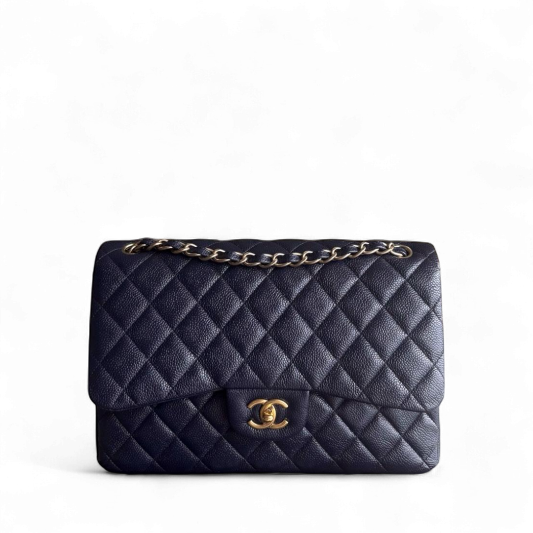 Chanel Classic Flap Jumbo - Caviar Quilted Grained Calfskin Dark Navy Blue Gold Hardware Series 21