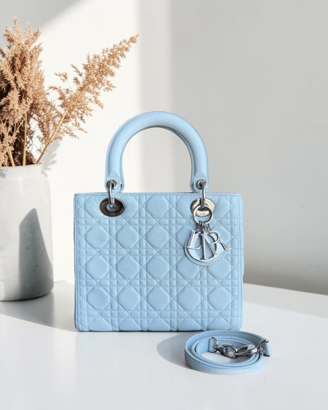 Dior Lady Medium Caviar - Grained Calfskin Cannage Glacier White Ice Blue Silver Hardware
