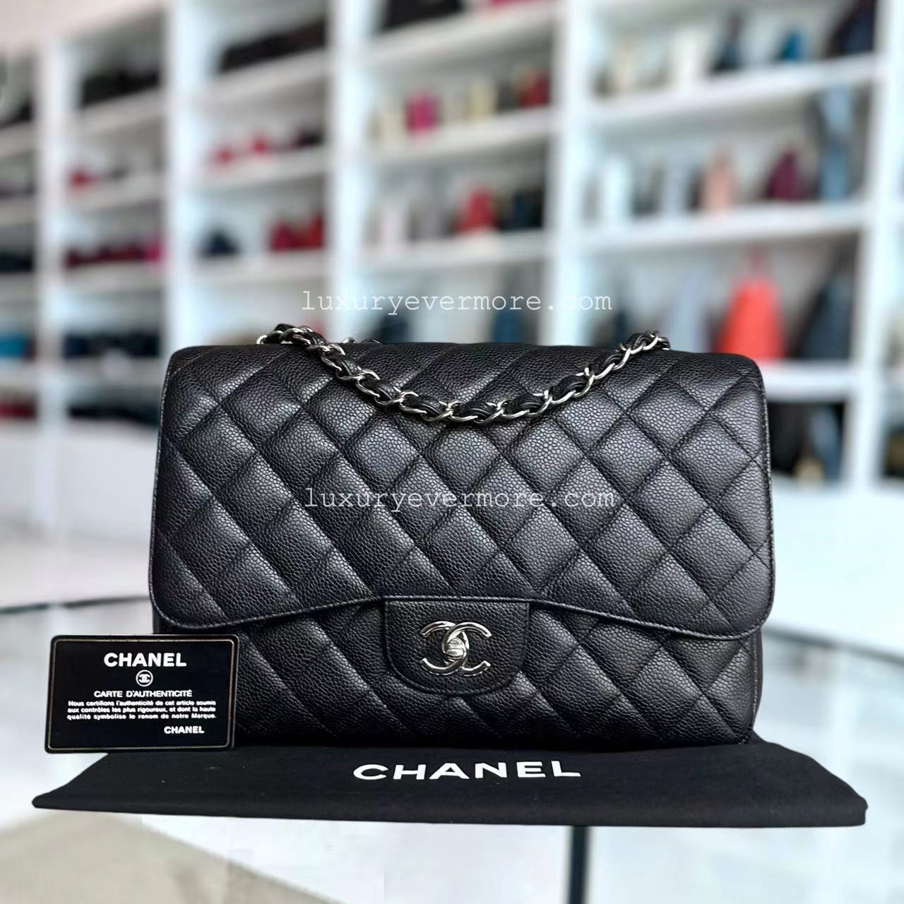 Chanel Jumbo Caviar Classic Flap Singel Flap Quilted Calfskin Black Silver Hardware Series 13