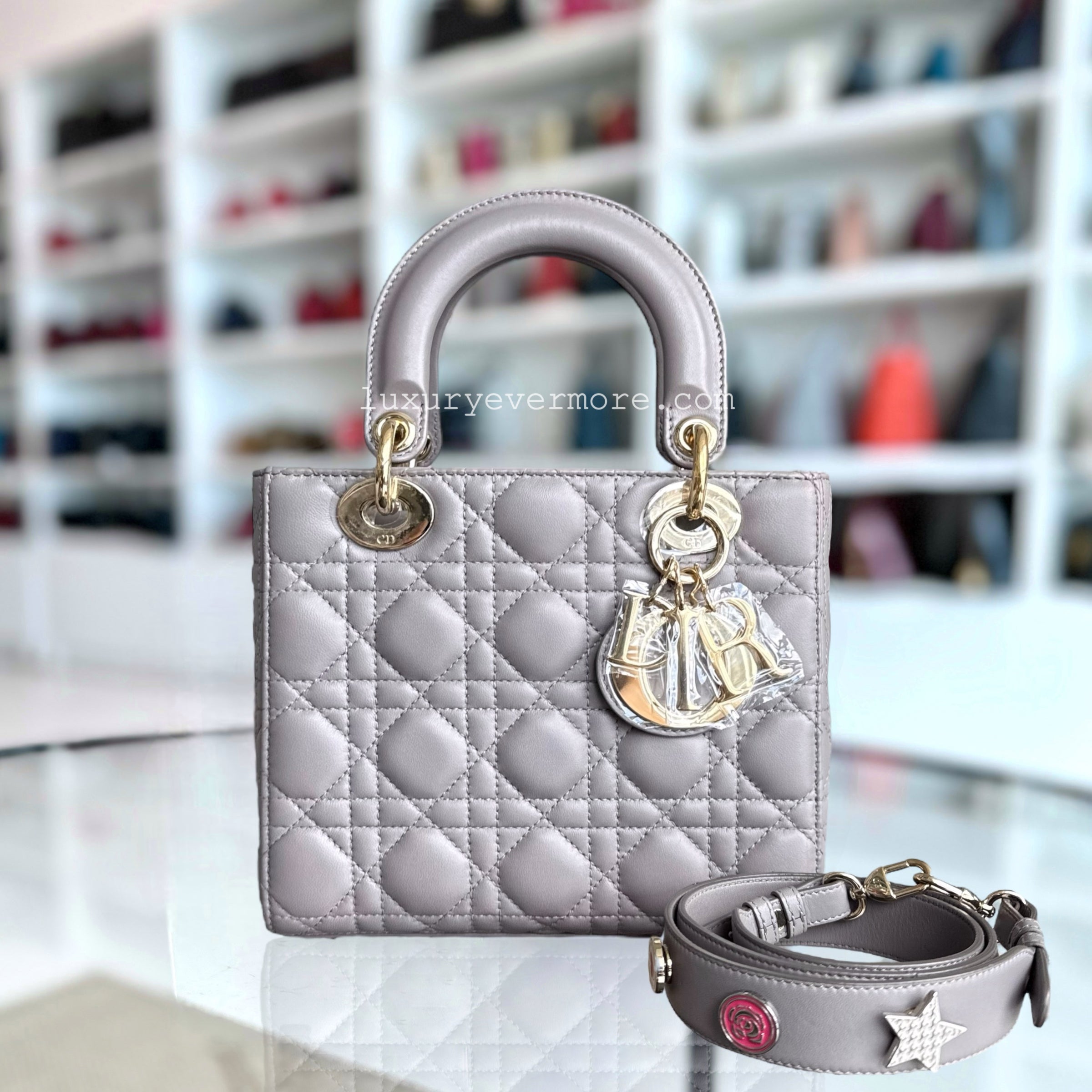 Dior Lady Small - Cannage Lambskin Grey Gray Gold Hardware with Charms