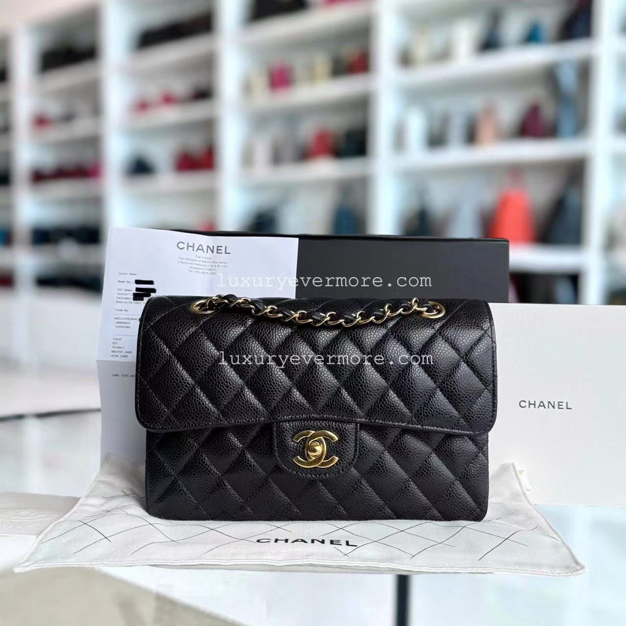 *Microchip, Full Set Receipt* Chanel Small Caviar Classic Flap Quilted Black Golden Hardware