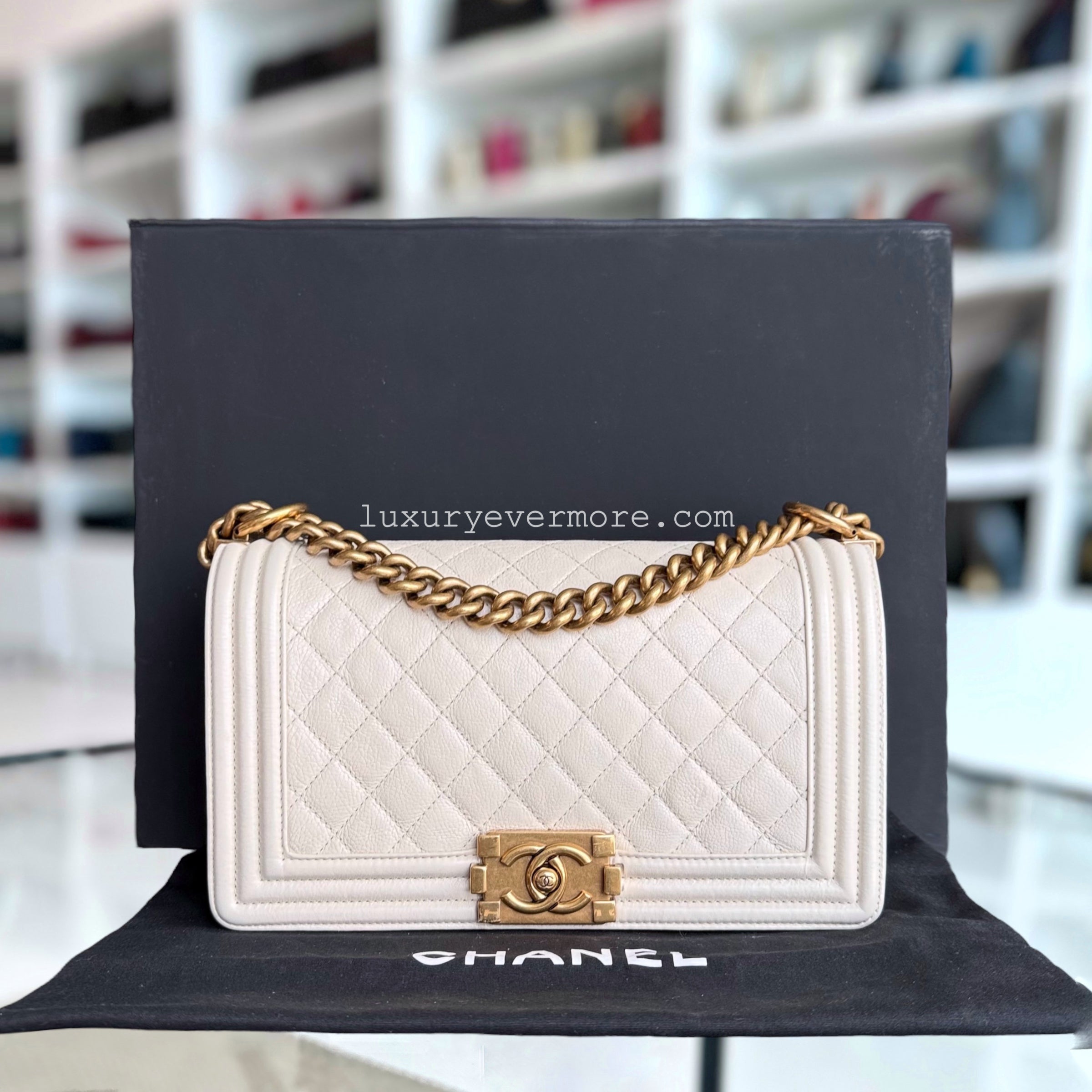 Chanel Boy Medium - 25CM Quilted Calfskin Cream White Gold Hardware Series 20