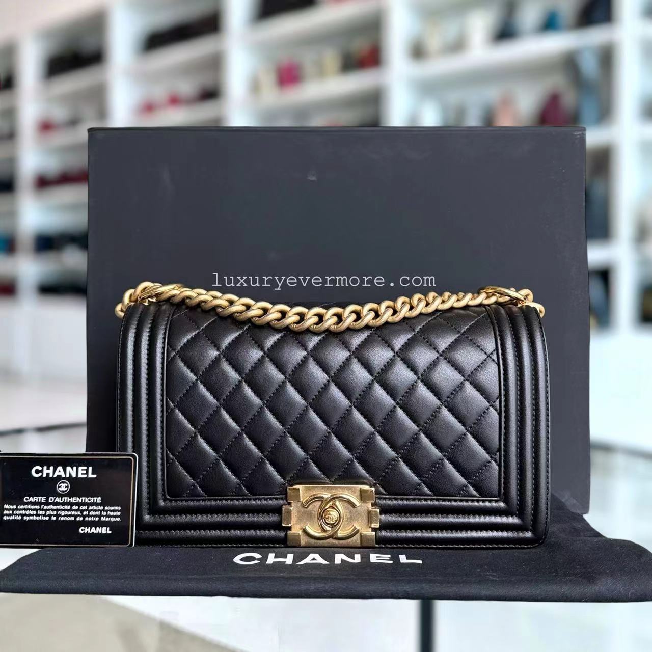 Chanel Boy Medium - 25CM Quilted Lambskin Black Gold Hardware Series 24