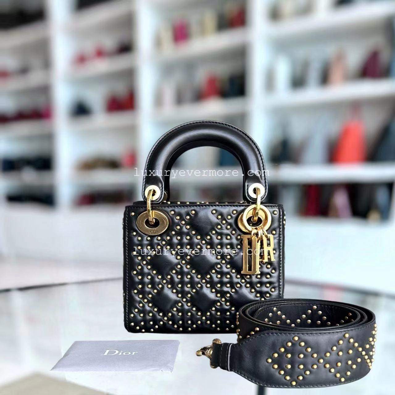 Dior Lady Mini Studded Cannage Calfskin Black Golden Hardware