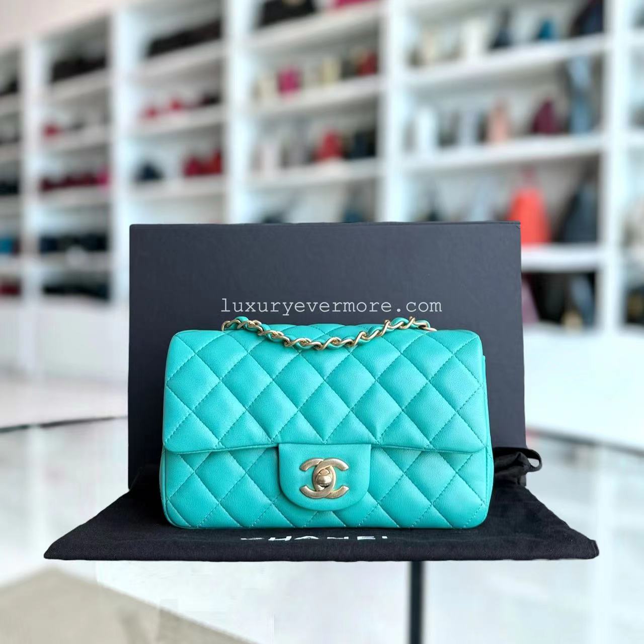 Chanel Classic Flap Mini - 20CM Rectangle Quilted Lambskin Cyan Gold Hardware