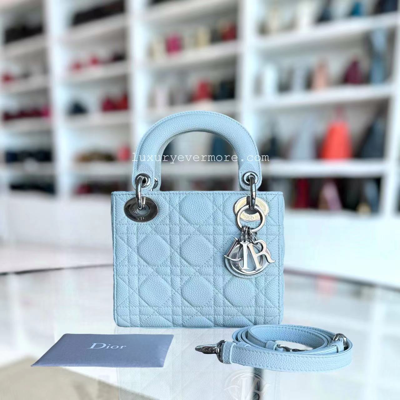 *Rare Caviar* Dior Lady Mini - Cannage Grained Calfskin Glacier White Ice Blue Silver Hardware Adjustable Strap