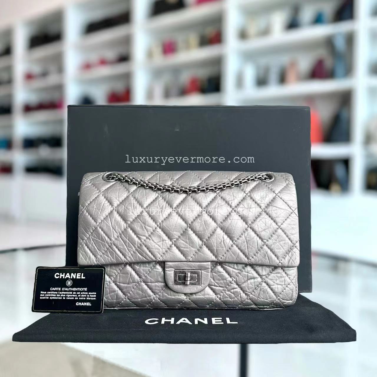 Chanel 2.55 Reissue 226 - Grained Calfskin Metallic Grey Gray Silver Ruthenium Hardware Series 14