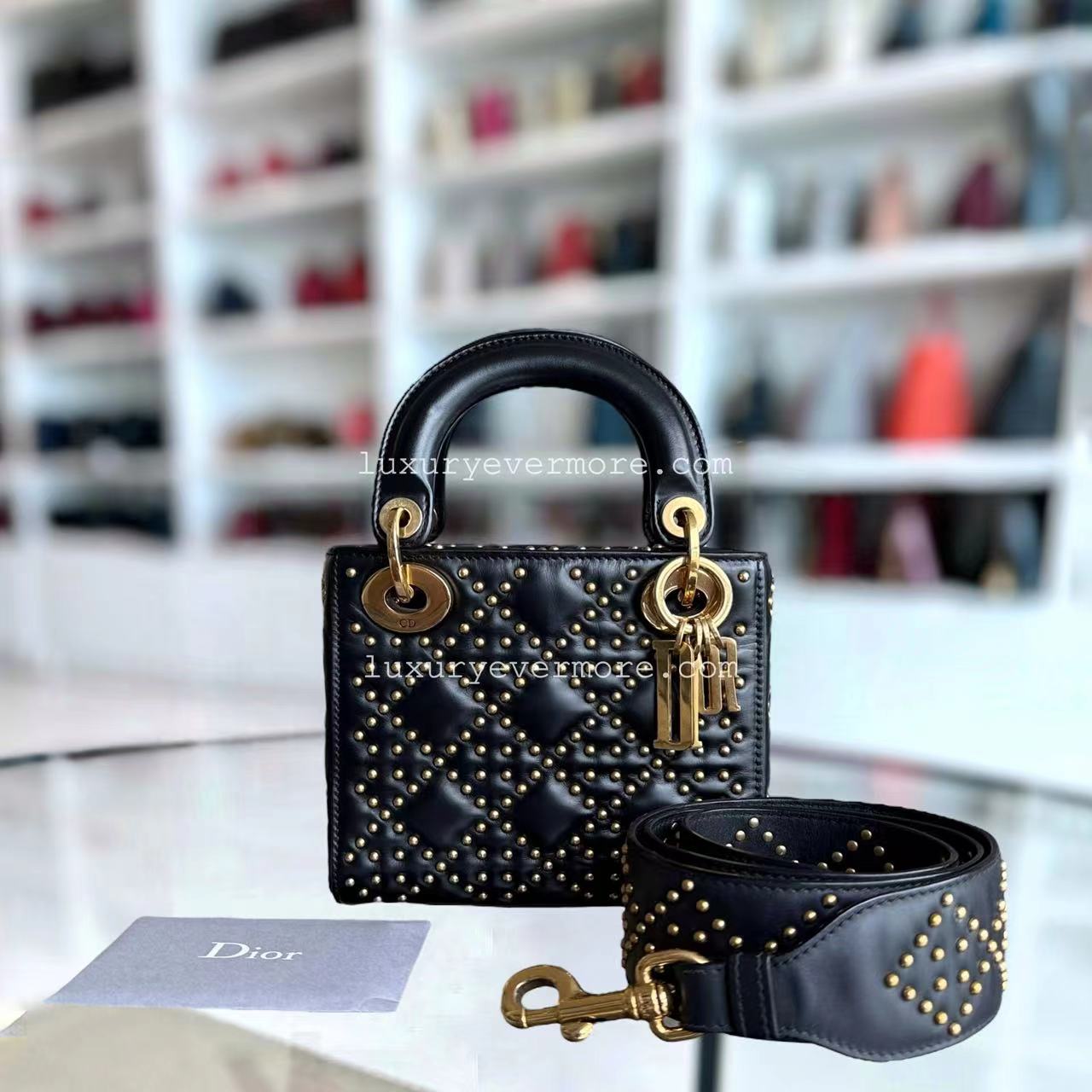 Dior Lady Mini Quilted Studded Lambskin Black Golden Hardware