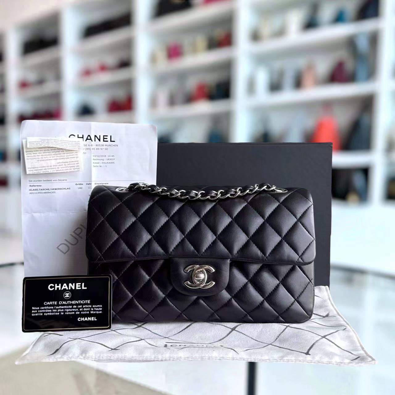 *Full Set, Receipt* Chanel Classic Flap Small - 23CM Quilted Lambskin Black Silver Hardware Series 27