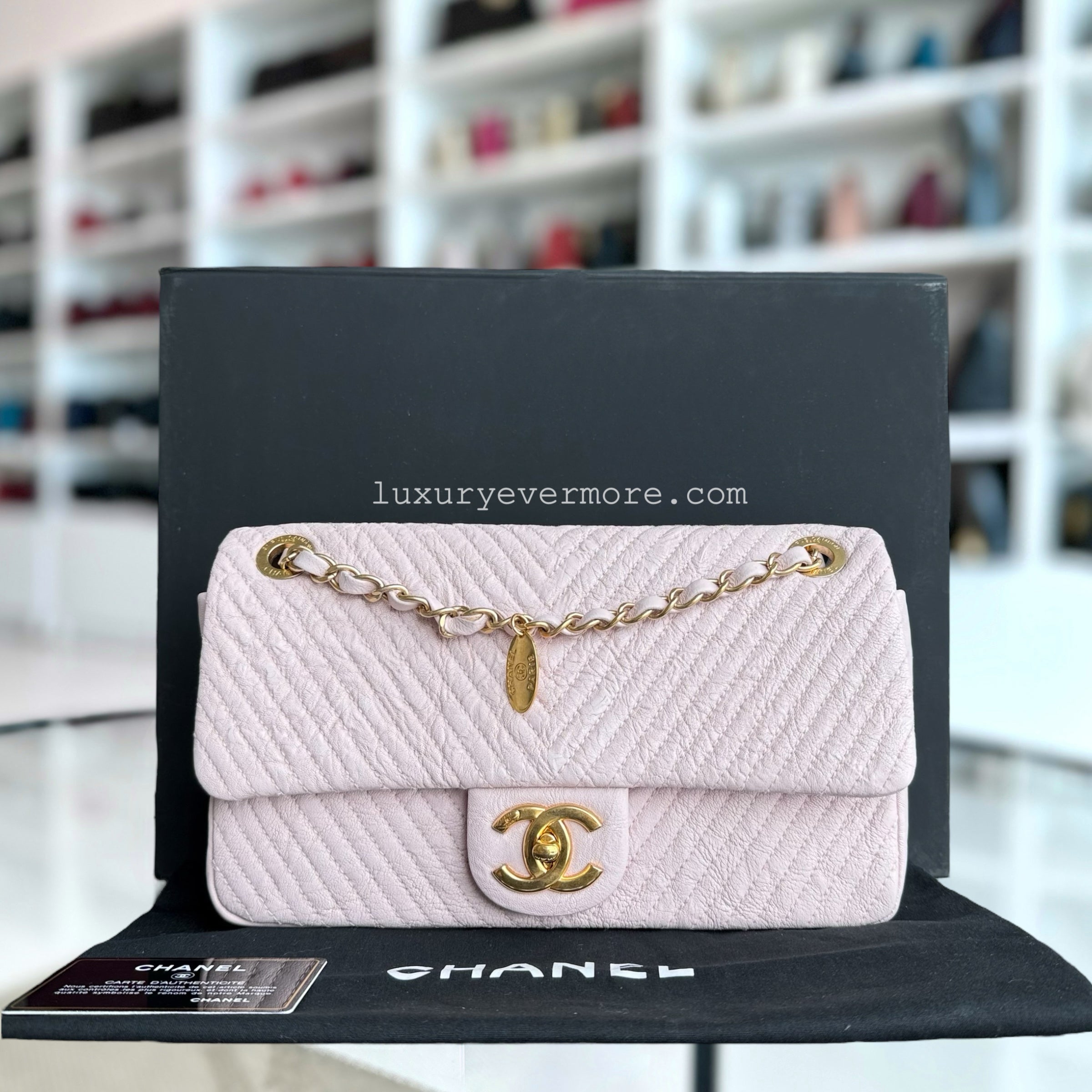 Chanel Seasonal Flap - Surpique Chevron Flap Calfskin Light Sakura Pink Gold Hardware Series 21