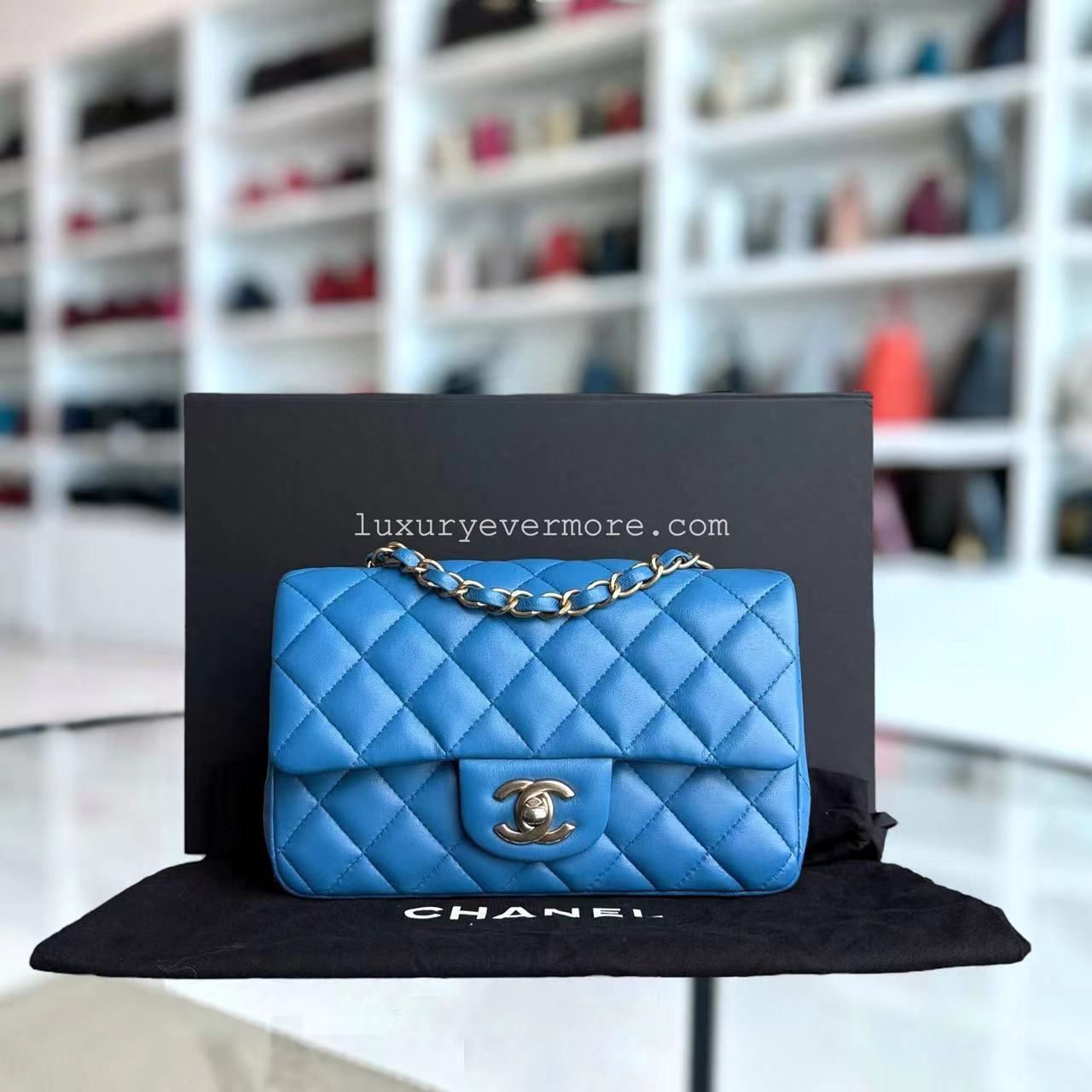 Classic Flap Mini Rectangle 20 CM Quilted Lambskin Blue Golden Hardware Series 27