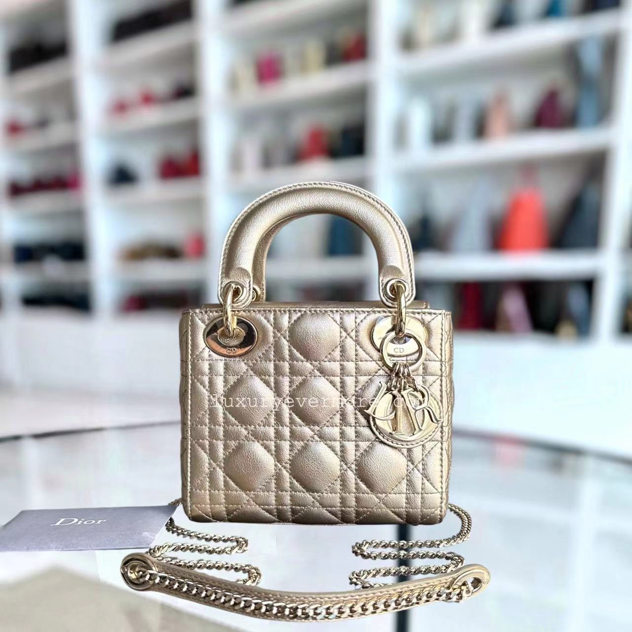 Dior Lady Mini Cannage Lambskin Gold Golden Hardware Chain Version