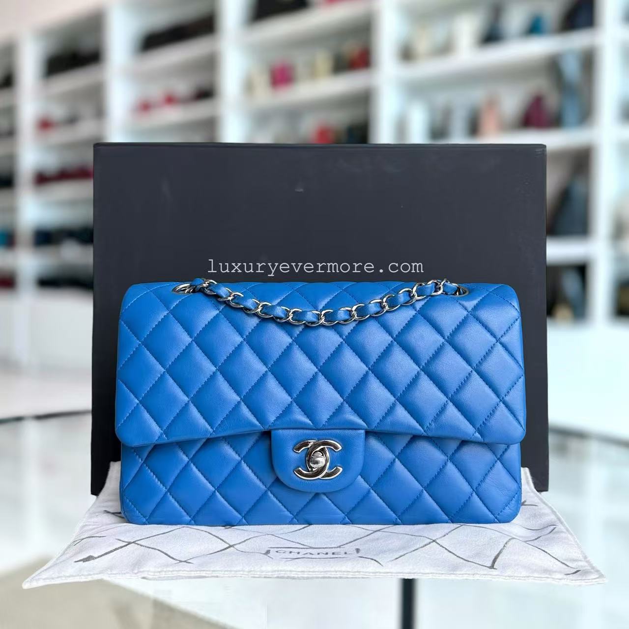 Chanel Classic Flap Medium - 25CM Quilted Lambskin Double Flap Blue Silver Hardware Series 22