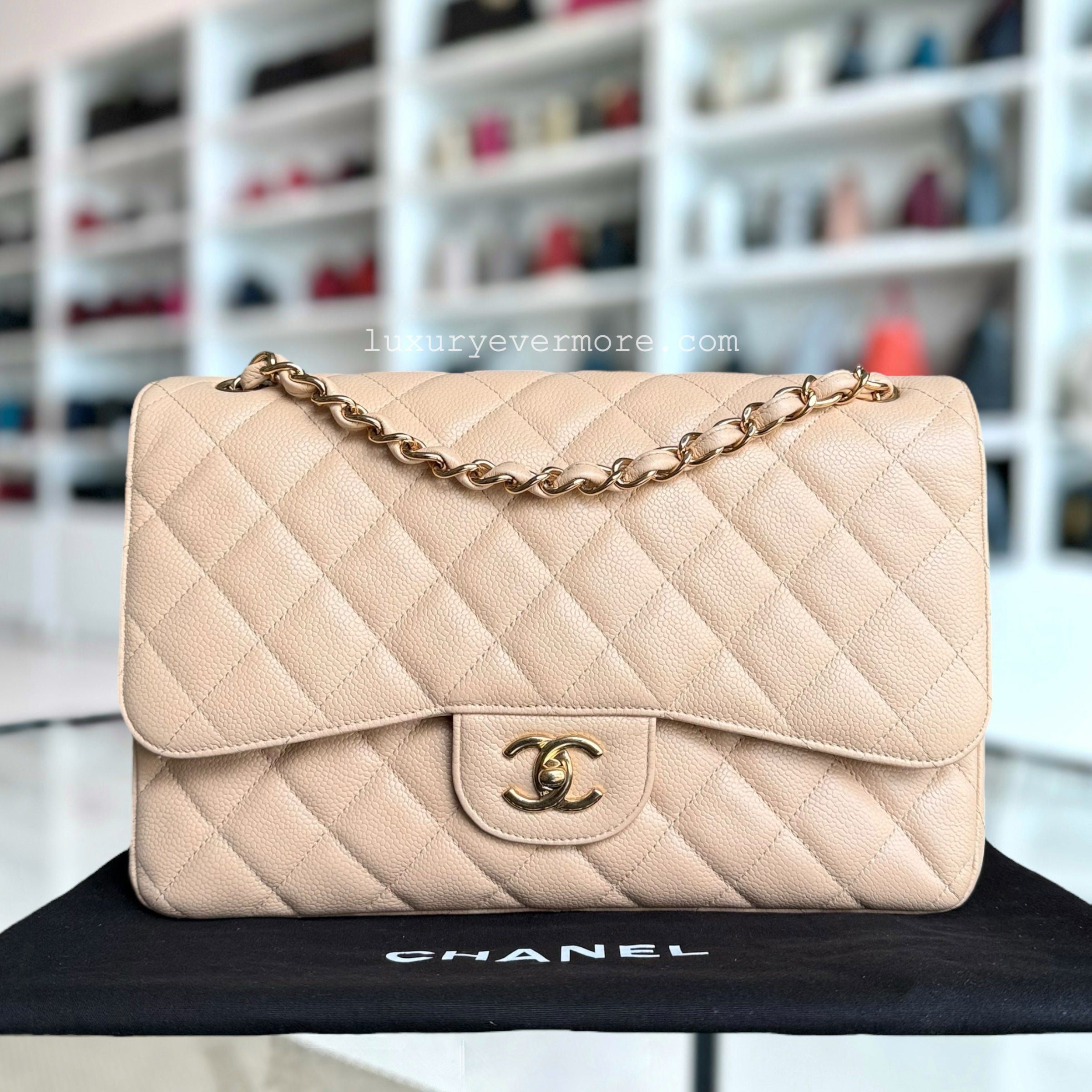 Chanel Classic Flap Jumbo - Caviar 30CM Double Flap Quilted Beige Gold Hardware Series 14