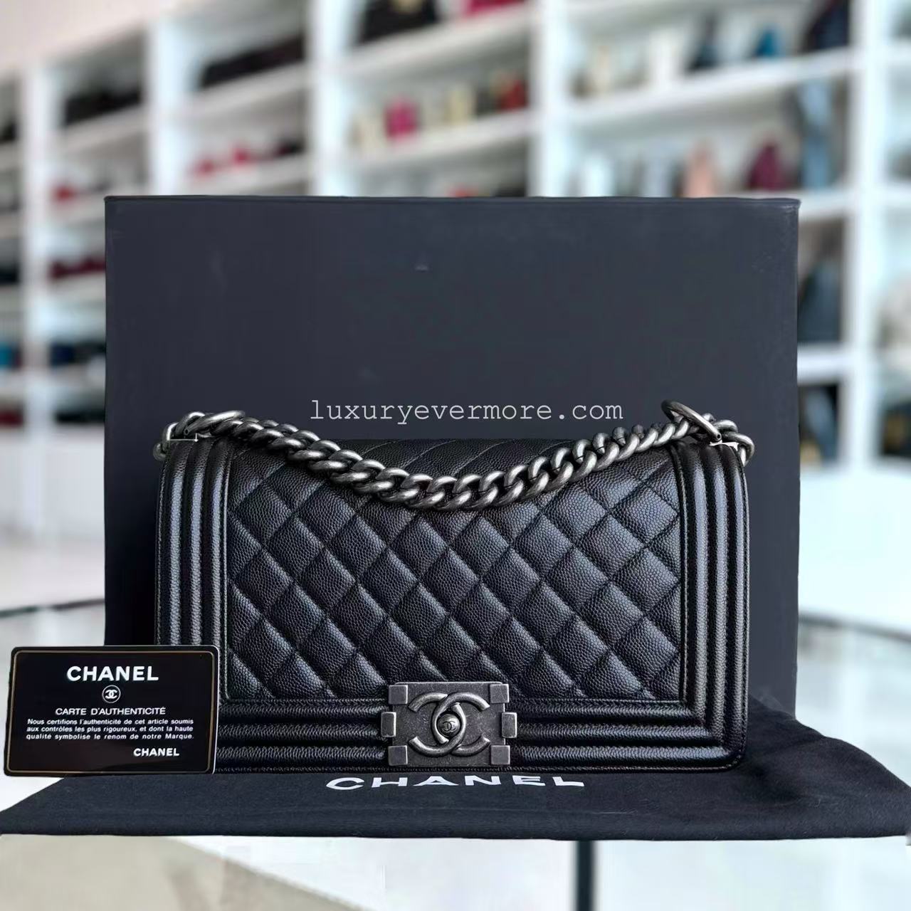 Chanel Boy Medium - Caviar 25CM Quilted Black Ruthenium Silver Hardware Series 25