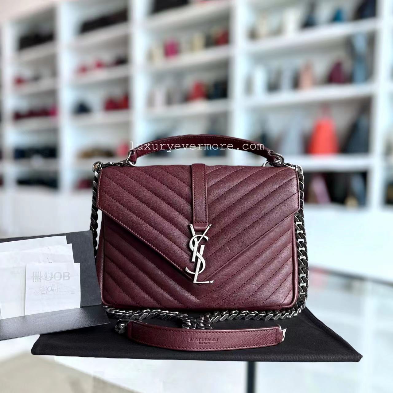 Yves Saint Laurent YSL College - Medium Chevron Leather Burgundy Ruthenium Silver Hardware