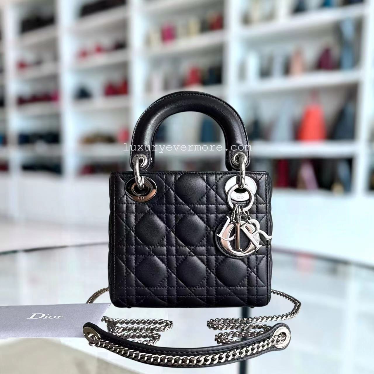 Dior Lady Mini - Cannage Lambskin Black Silver Hardware Chain Strap