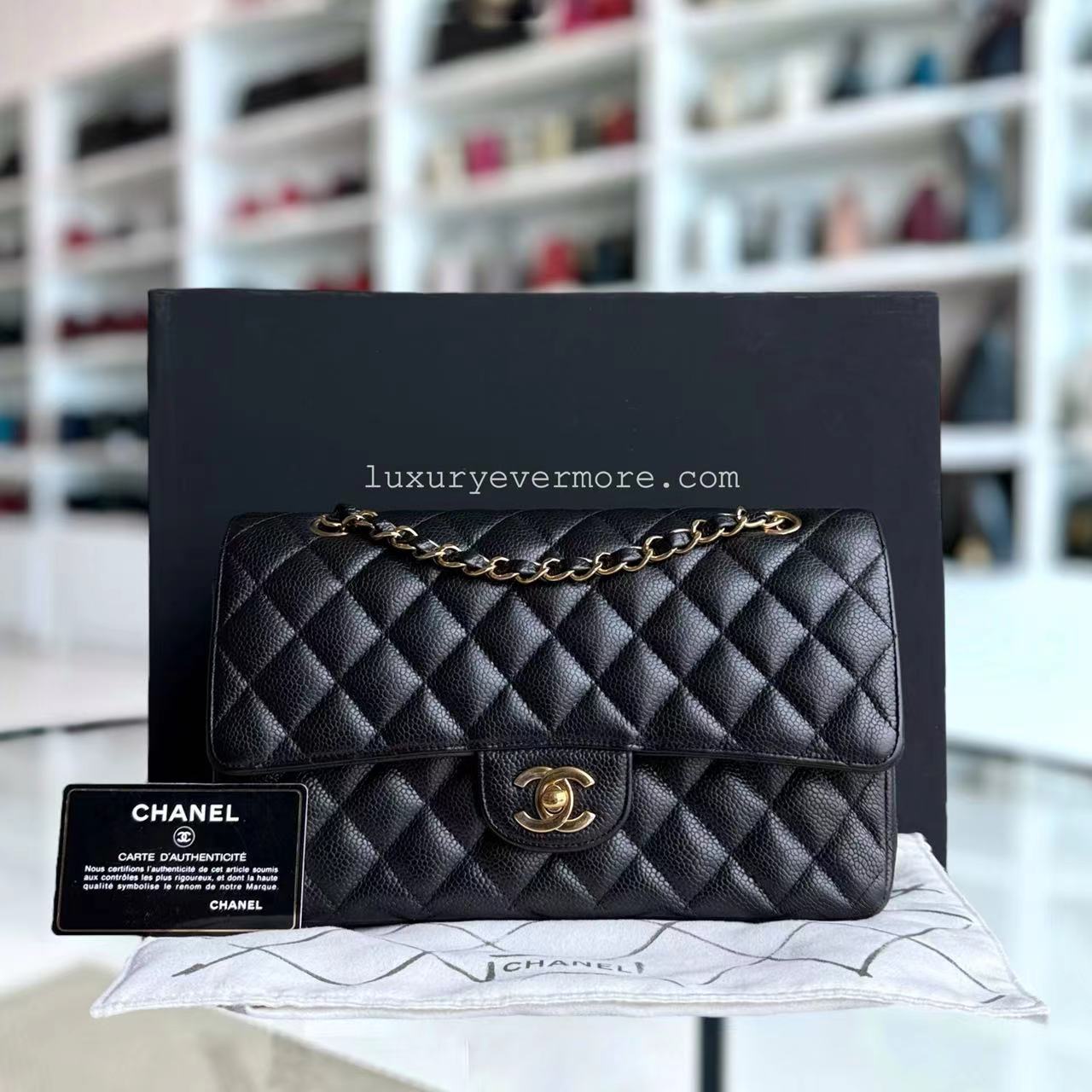 Chanel Classic Flap Medium - Caviar Double Flap Quilted Calfskin Black Gold Hardware Series 19