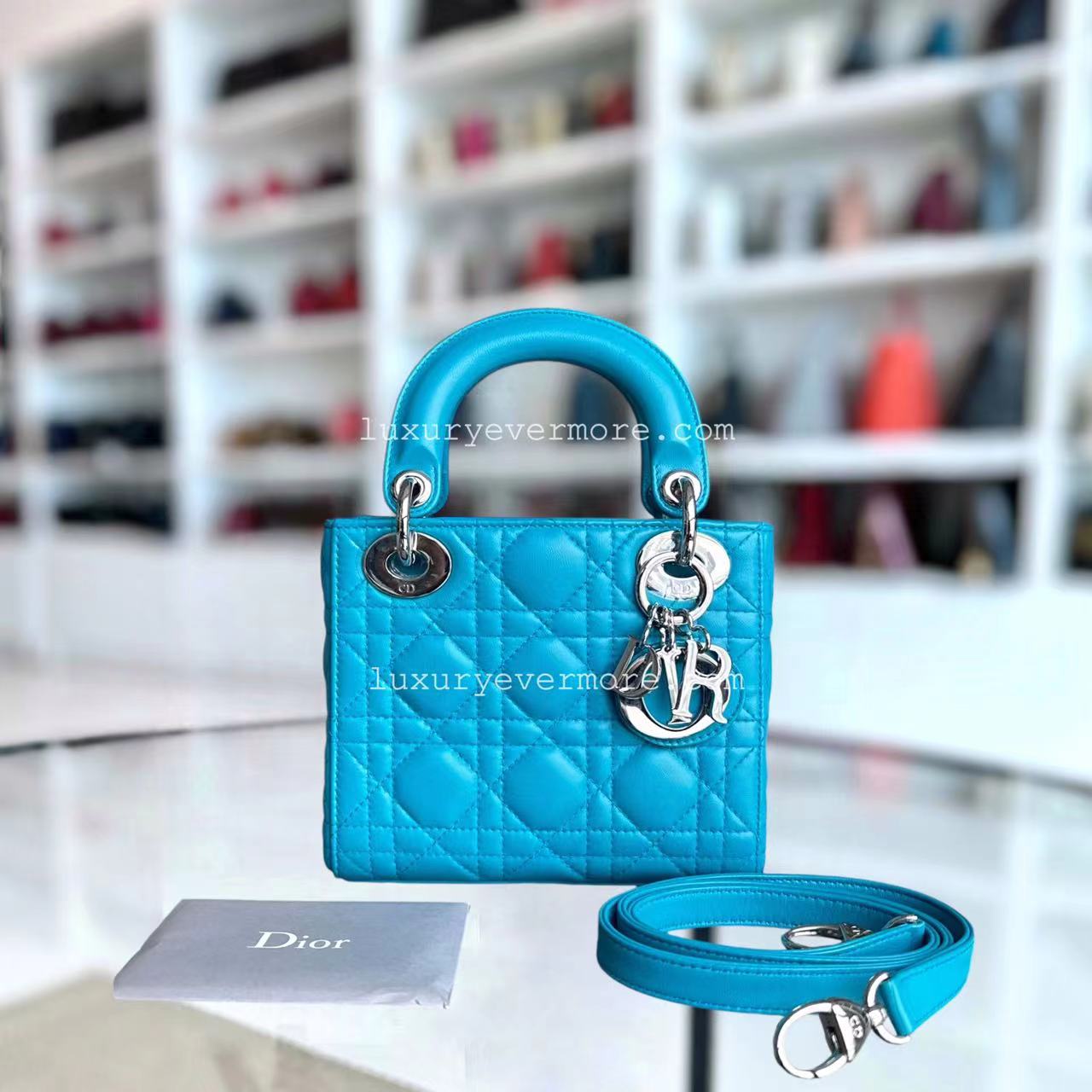 Dior Lady Mini Cannage Lambskin Cyan Blue Silver Hardware