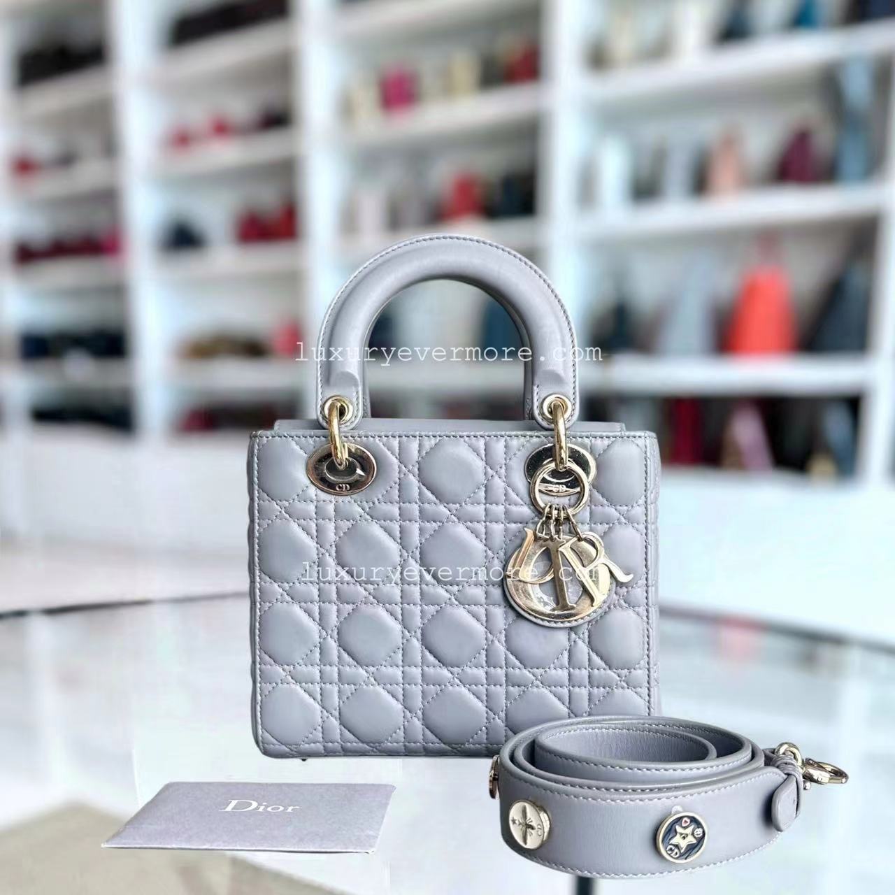 Dior Lady Small Size Lambskin Cannage Grey Gray Golden Hardware ABC