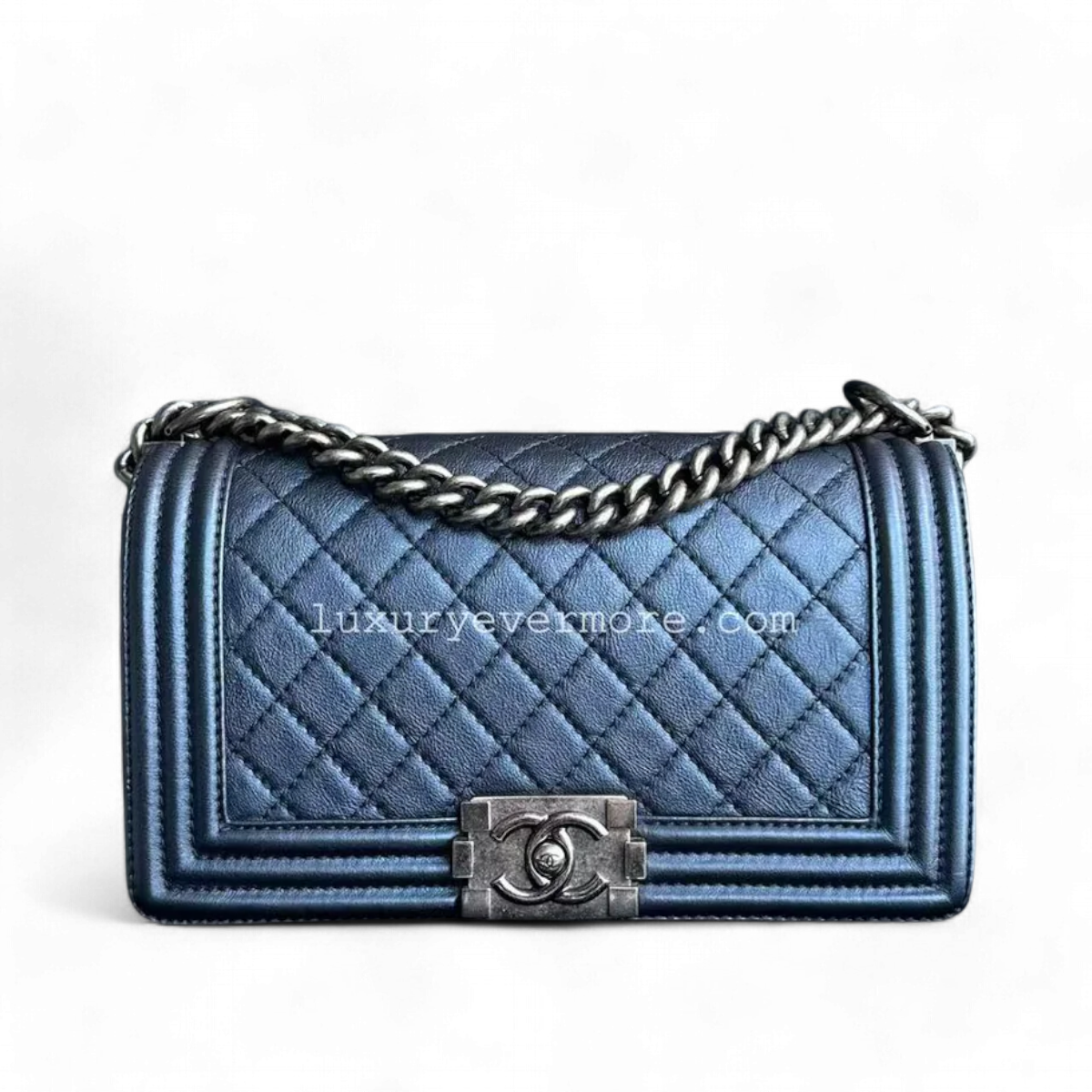 Chanel Boy - Old Medium Calfskin Metallic Blue Ruthenium Silver Hardware Series 18