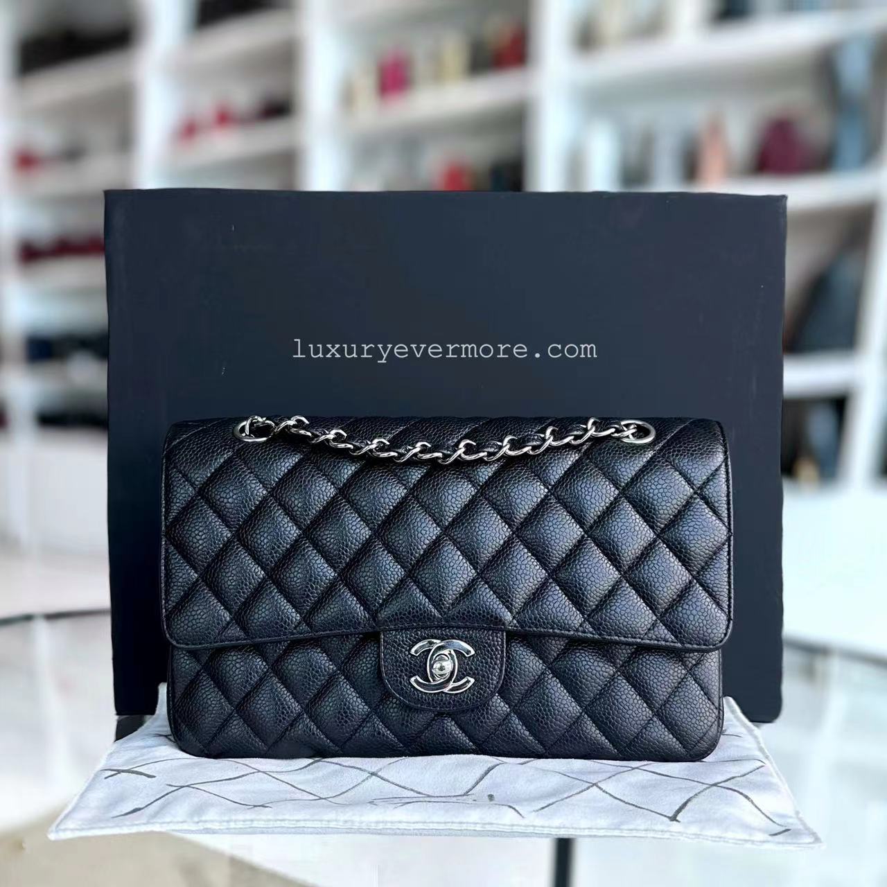 Chanel Caviar Medium Classic Flap Double Flap Quilted Calfskin Black Silver Hardware Series 14