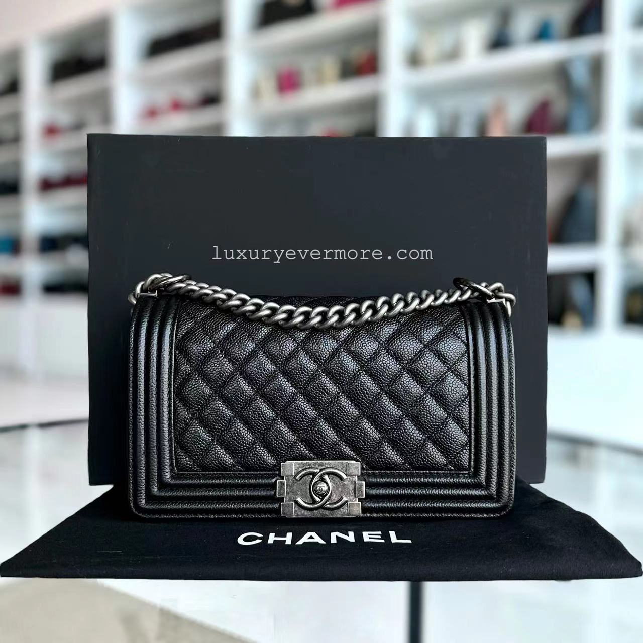 Chanel Caviar Boy Old Medium 25CM Quilted Grained Calfskin Black Leboy Ruthenium Silver Hardware Series 19