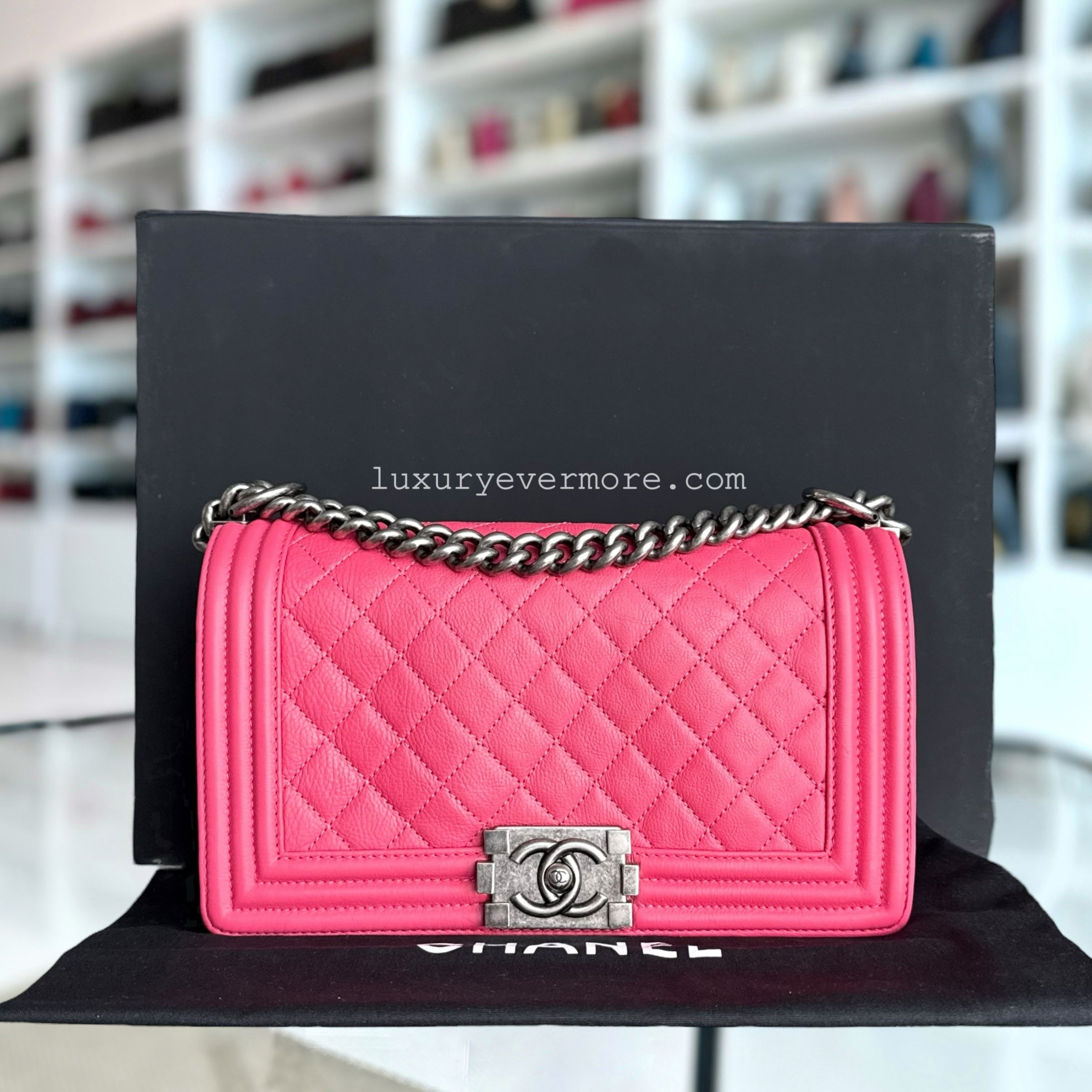 Chanel Boy Medium - 25CM Calfskin Quilted Hot Pink Ruthnium Silver Hardware Series 17