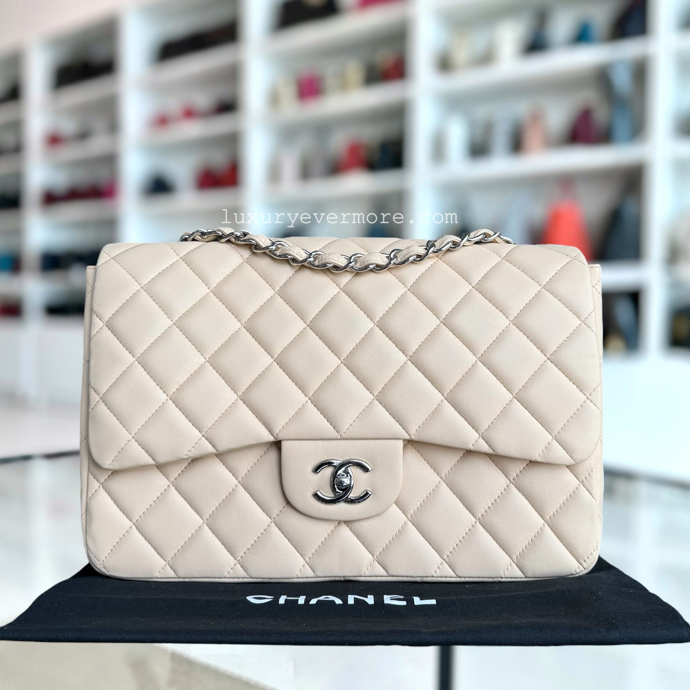 Chanel Classic Flap Jumbo - 30CM Quilted Single Flap Lambskin Beige Silver Hardware Series 13