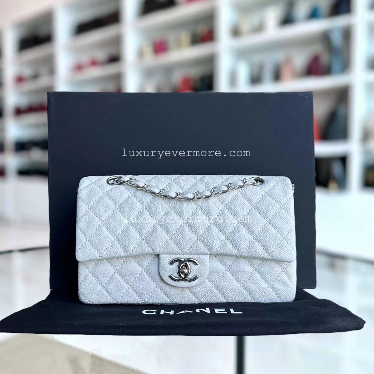 Chanel Classic Flap Caviar Calfskin White Silver Hardware Series 12